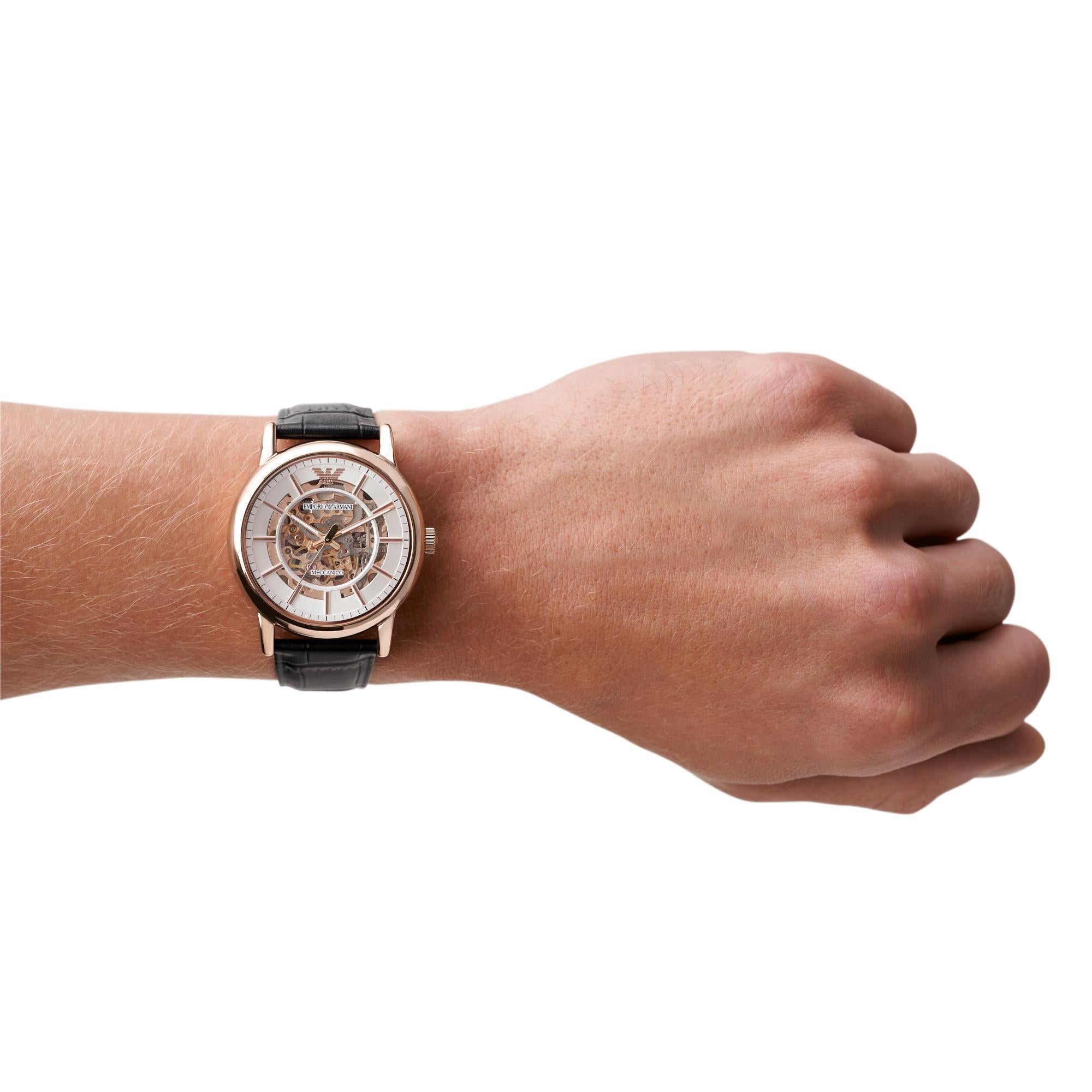 Emporio Armani Automatic Black Leather Rose Gold Silver Dial Men's Watch AR60007
