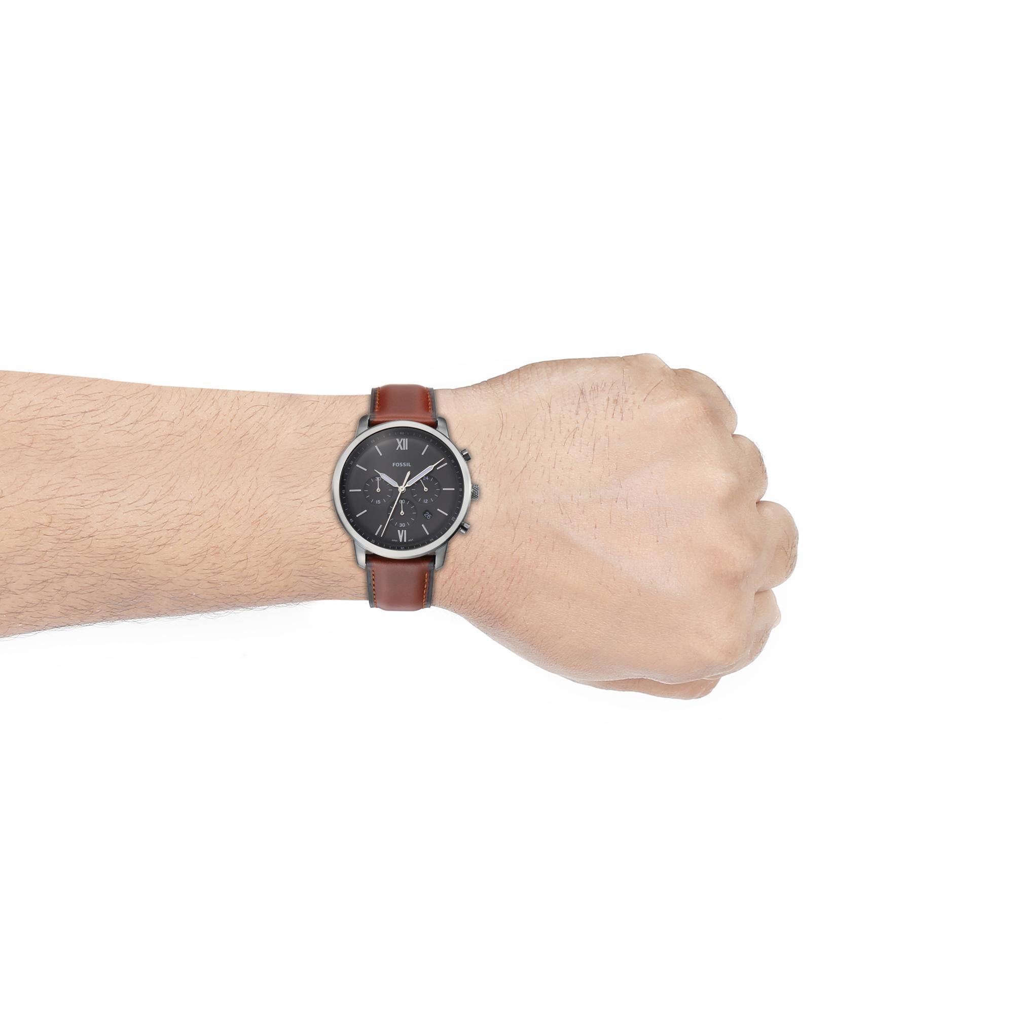 Fossil Neutra 44mm Chronograph Grey Dial Leather Mens Quartz Watch FS5512