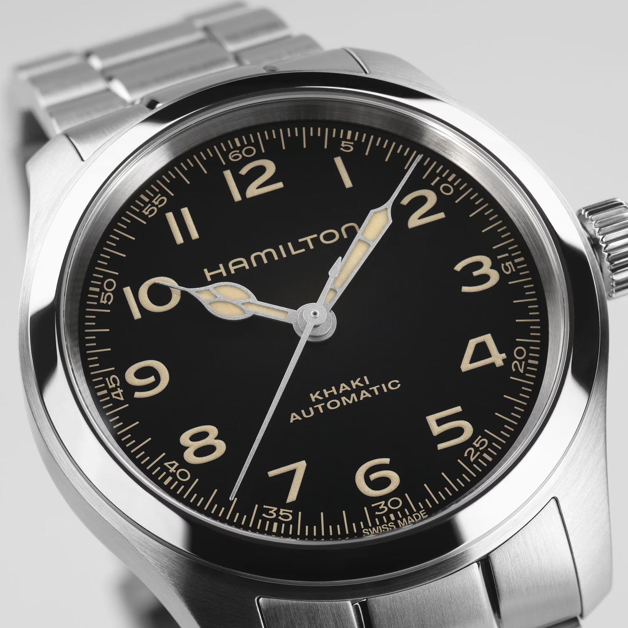 Hamilton Khaki Field H70405130 black dial with cathedral hands and Arabic numerals close-up