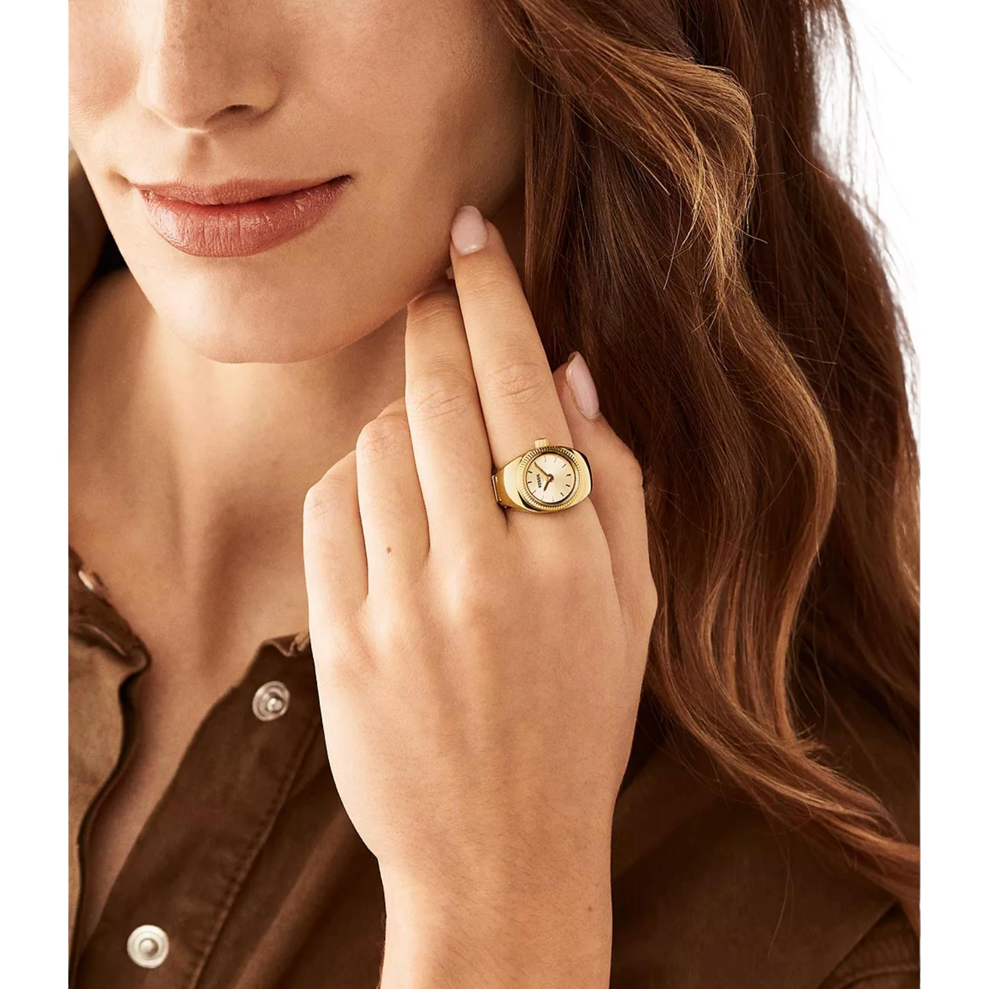 Fossil Watch Ring Two-Hand Gold-Tone Stainless Steel Gold Dial Women’s Watch ES5246
