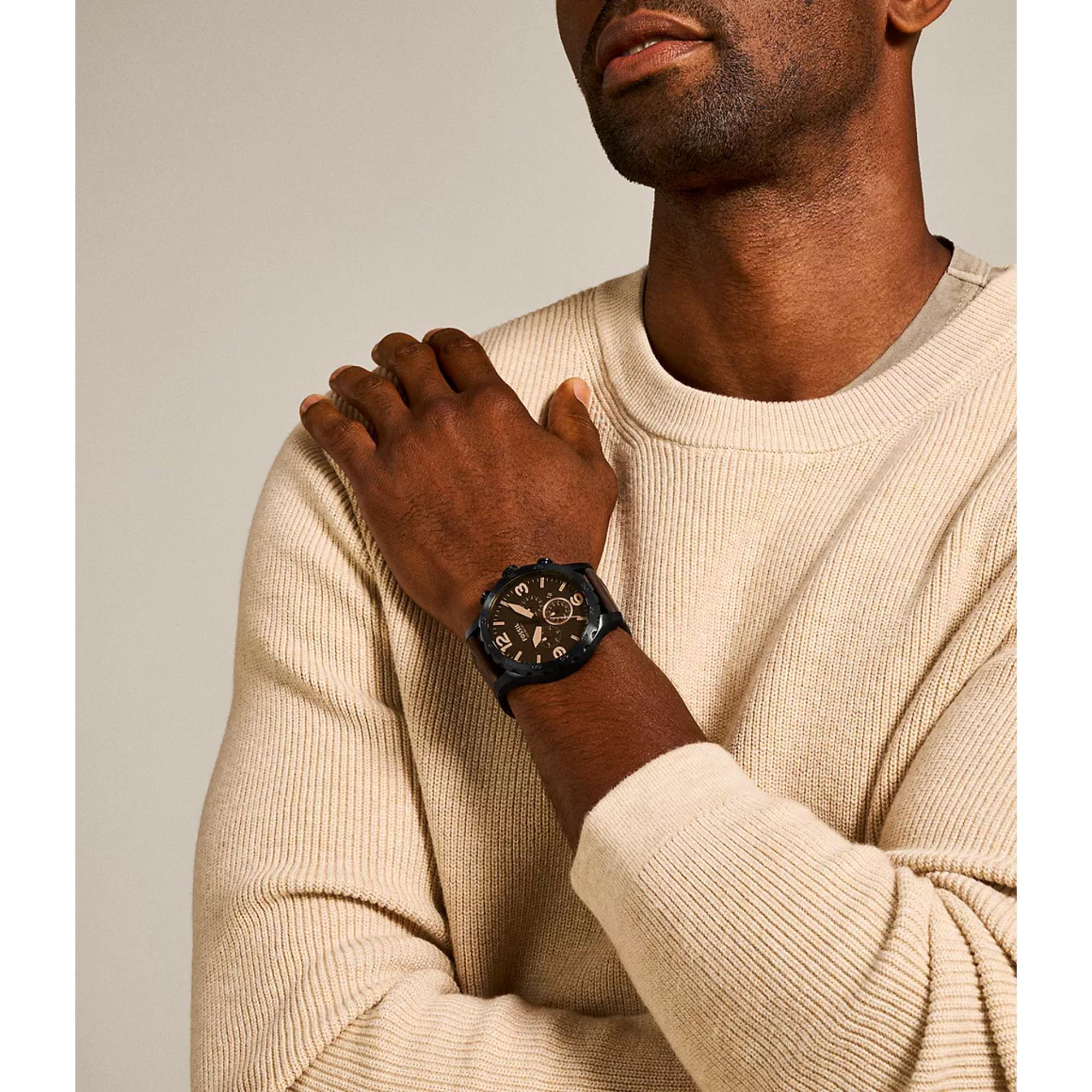 Fossil Nate Chronograph Black Dial Leather Strap Men’s Watch JR1487