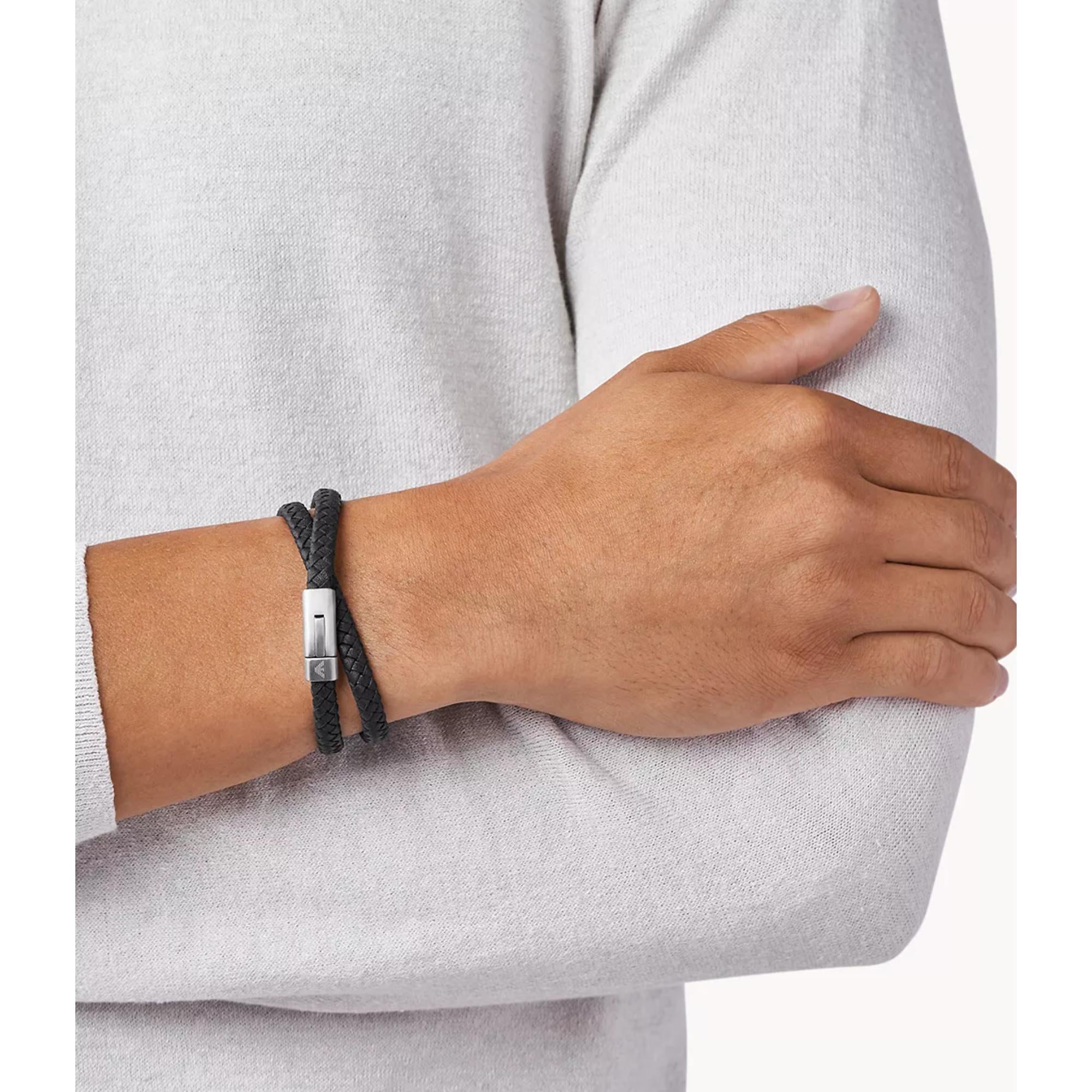 Emporio Armani Textured Leather and Steel Accents Men's Bracelet EGS2176040