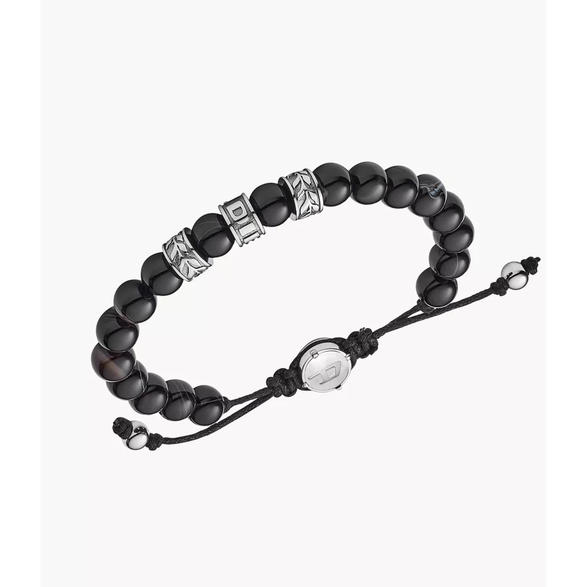 Diesel Stainless Steel and Black Line Agate Bead Men's Bracelet DX1101040