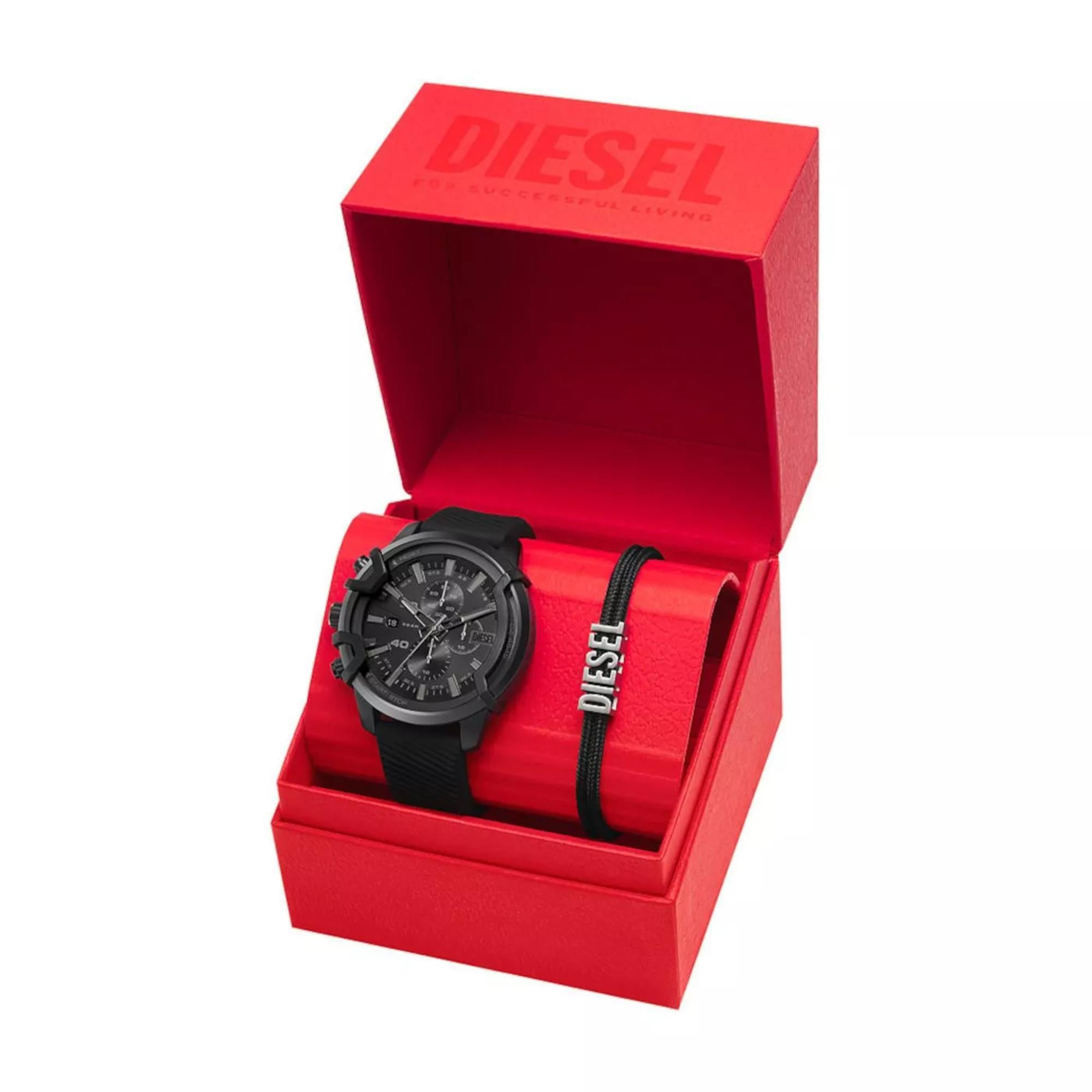 Diesel Griffed Chronograph Black Silicone Black Dial Men's Watch and Bracelet Set DZ4650SET