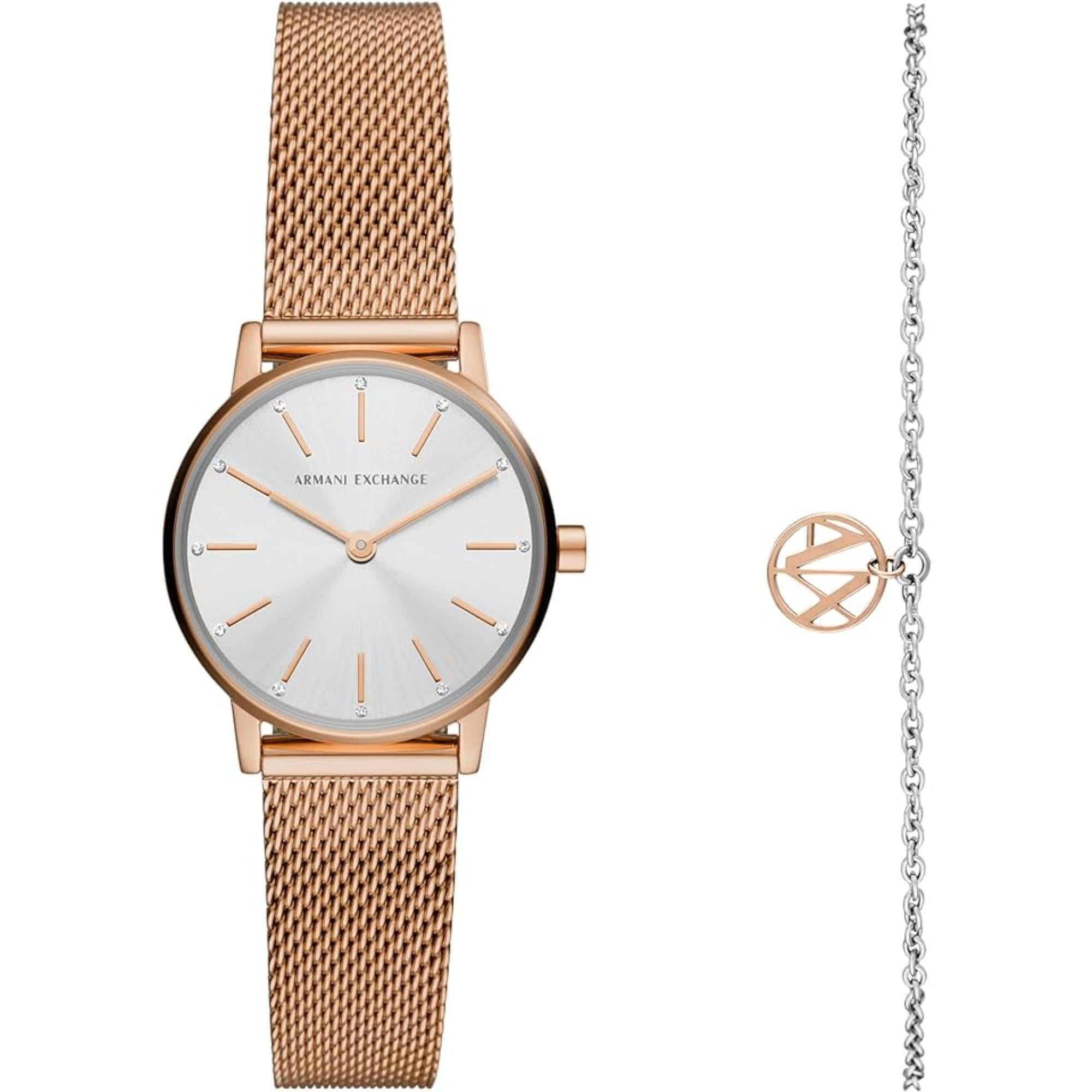 Armani Exchange Two-Hand Rose Gold-Tone Stainless Steel Strap Silver Dial Women's Watch and Bracelet Gift Set AX7121