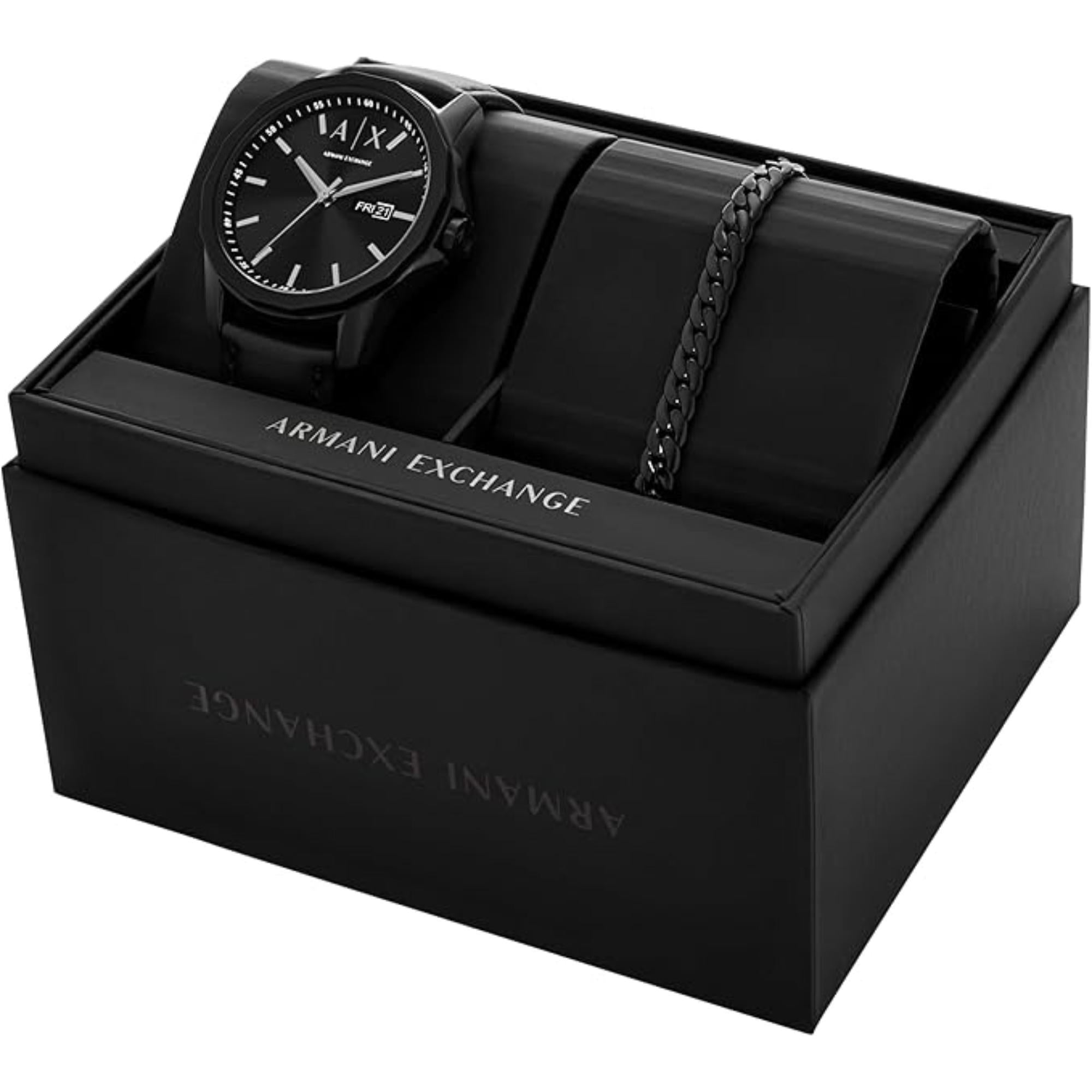 Armani Exchange Black Dial Black Leather Strap Watch AX7147SET