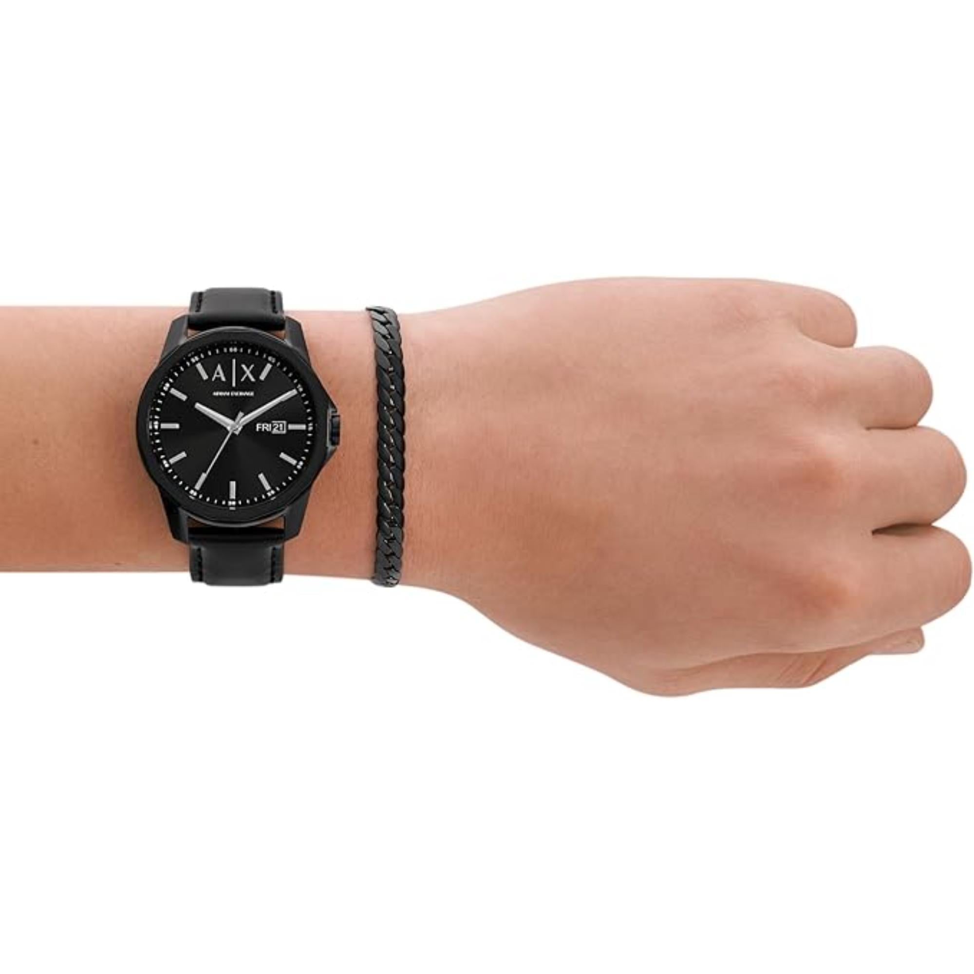 Armani Exchange Black Dial Black Leather Strap Watch AX7147SET