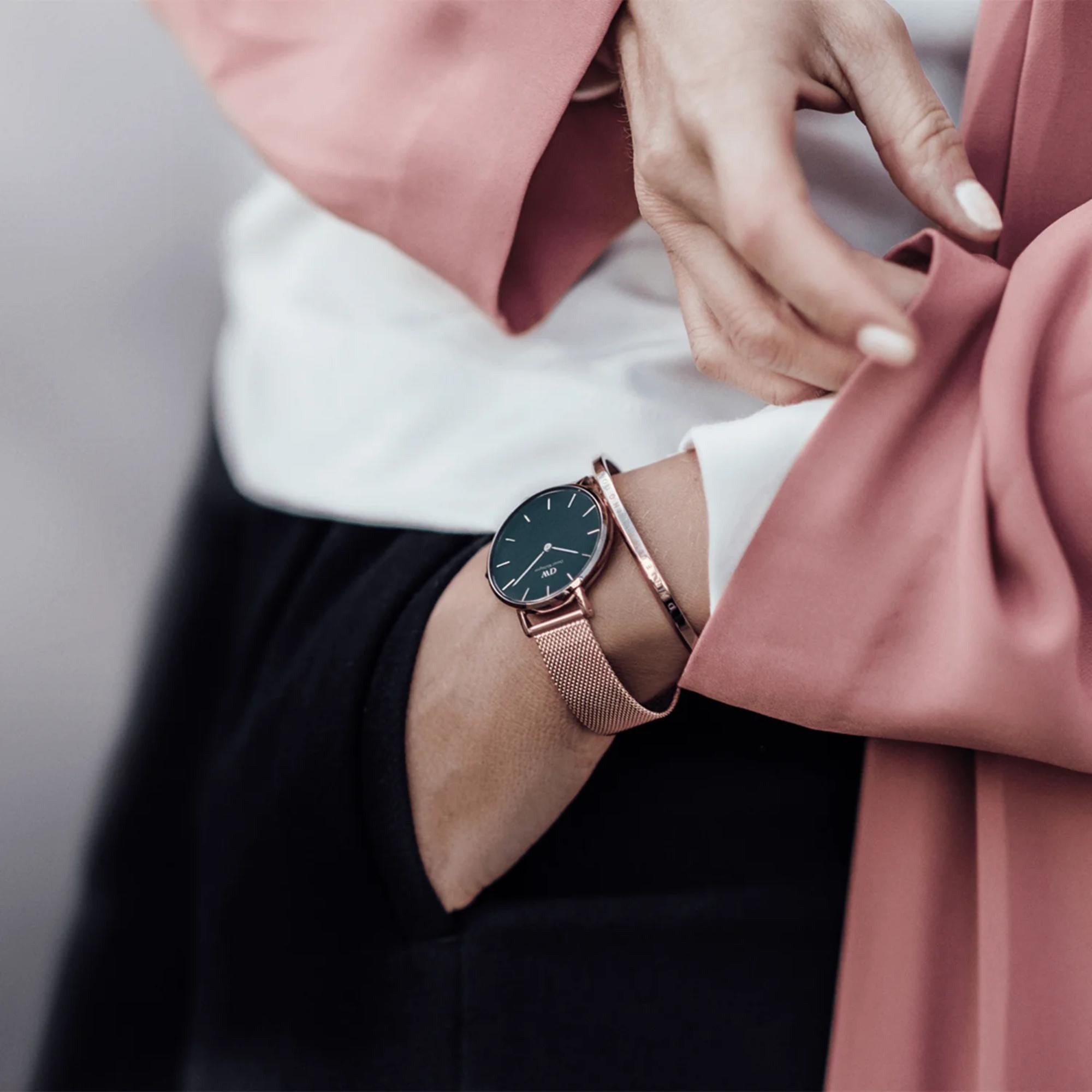 Daniel Wellington Petite Melrose Rose Gold Black Dial Stainless Steel Strap Women's Watch DW00100161