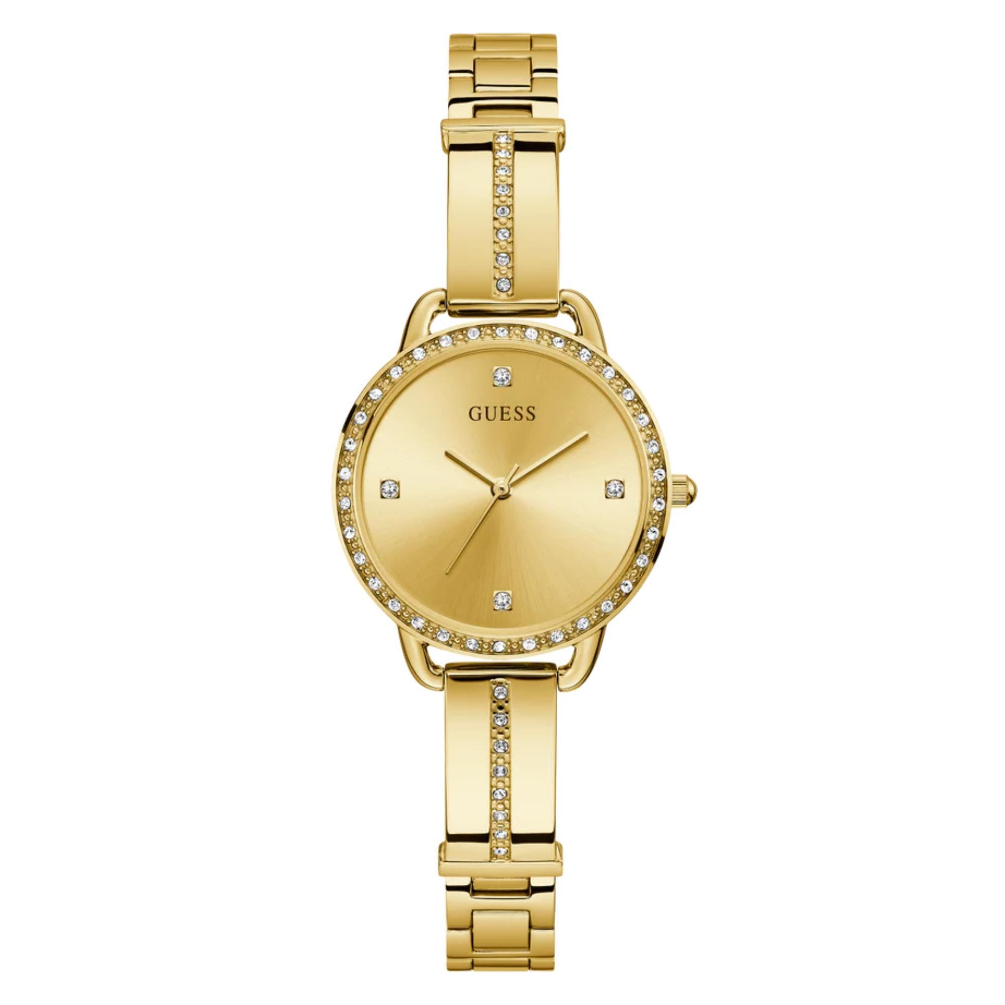 GUESS Ladies Gold Tone Stainless Steel Strap Analog Champagne Dial Watch GW0022L2