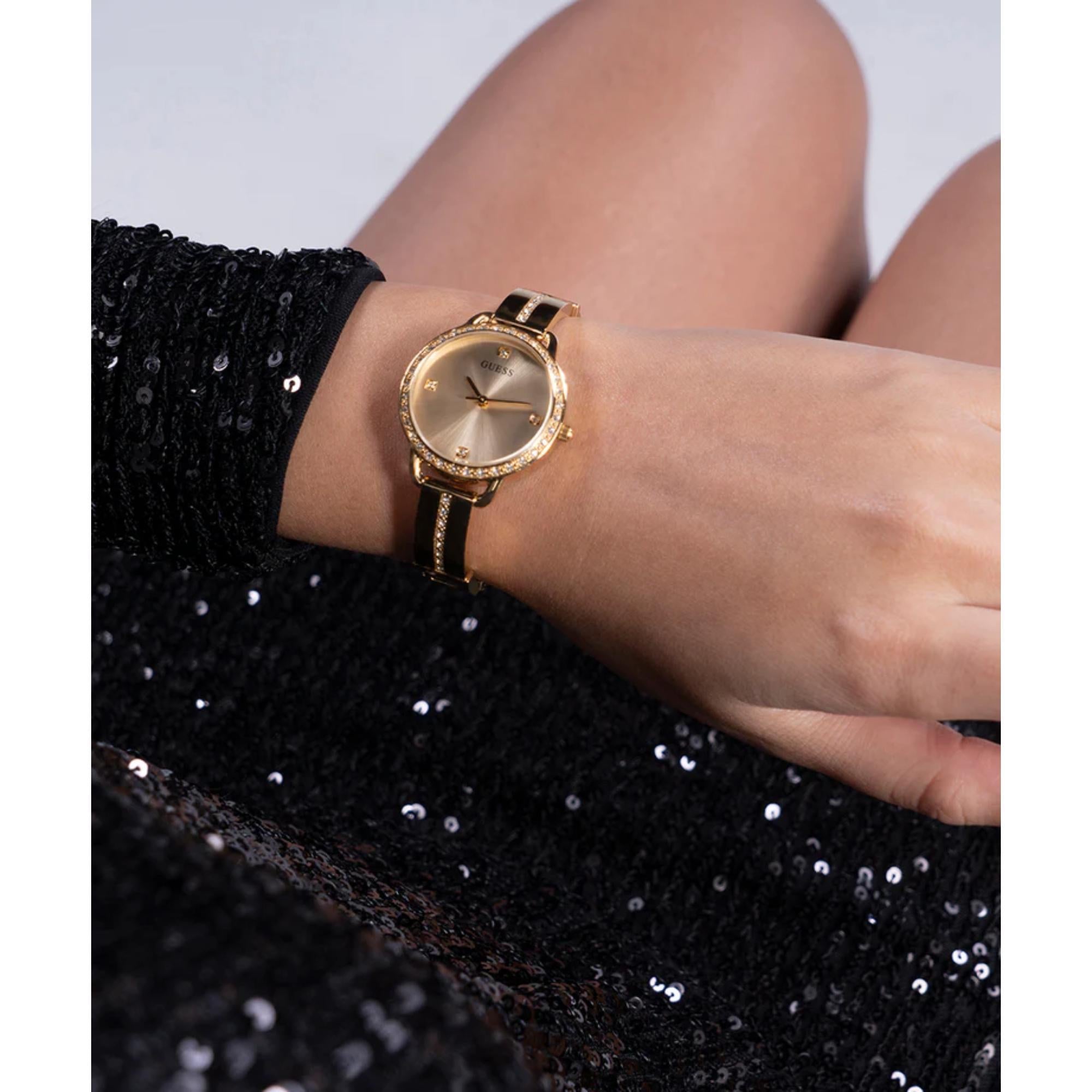 GUESS Ladies Gold Tone Stainless Steel Strap Analog Champagne Dial Watch GW0022L2