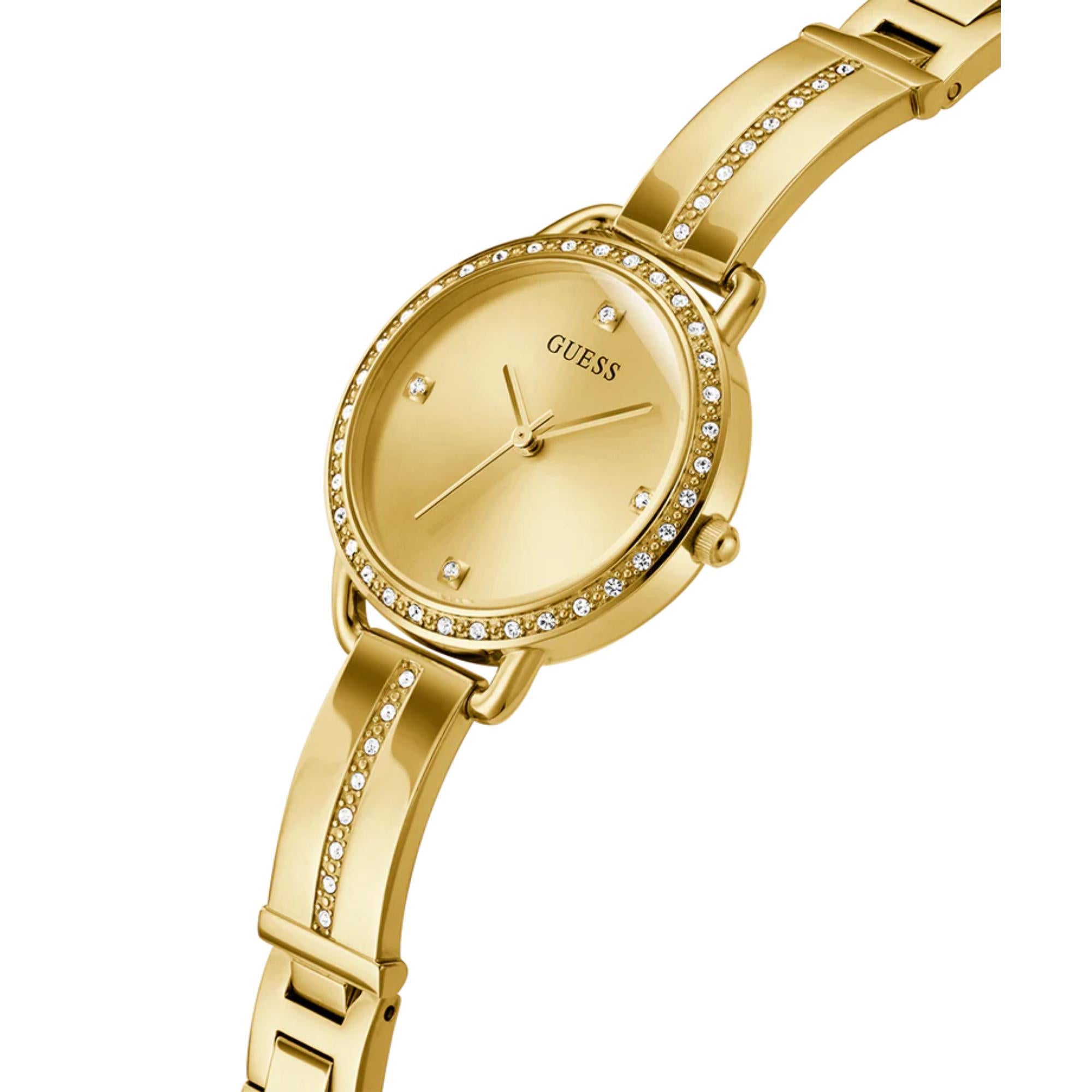 GUESS Ladies Gold Tone Stainless Steel Strap Analog Champagne Dial Watch GW0022L2