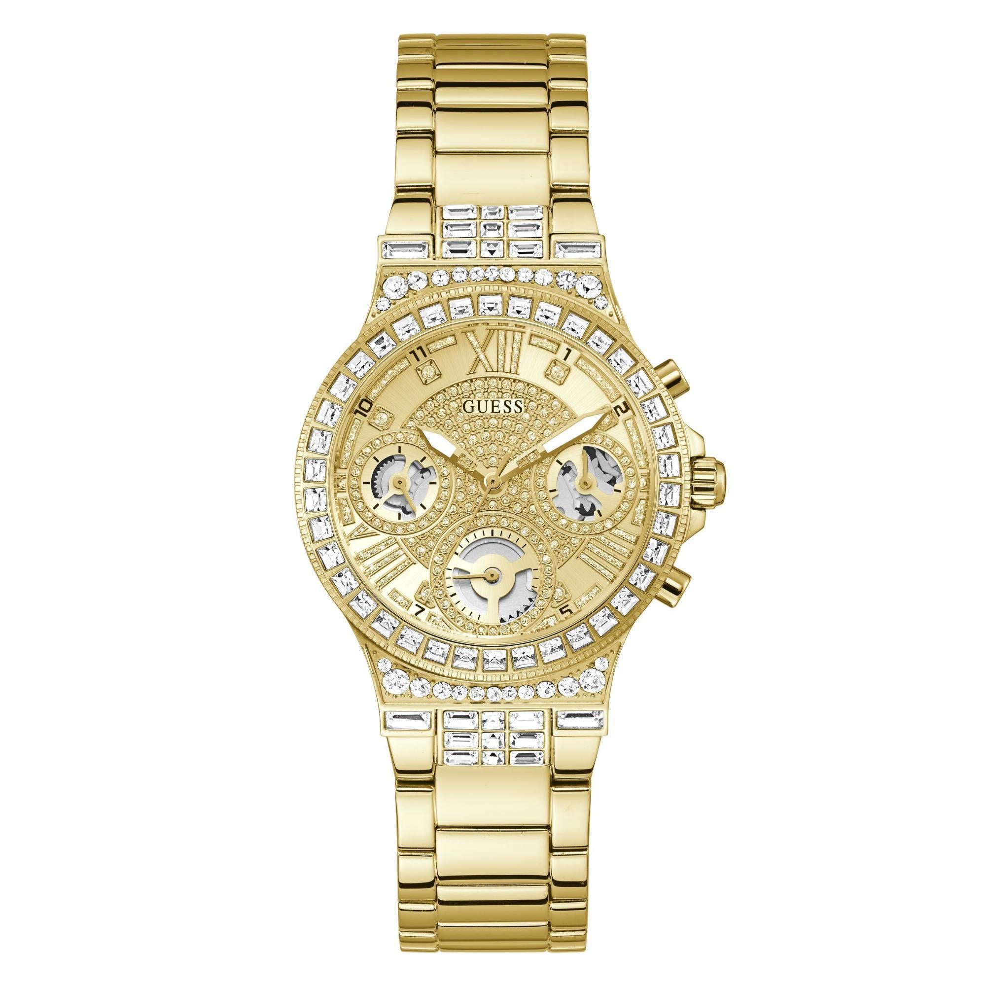 GUESS Gold Tone Multi-Function Stainless Steel Bracelet Champagne Dial Ladies Watch GW0320L2