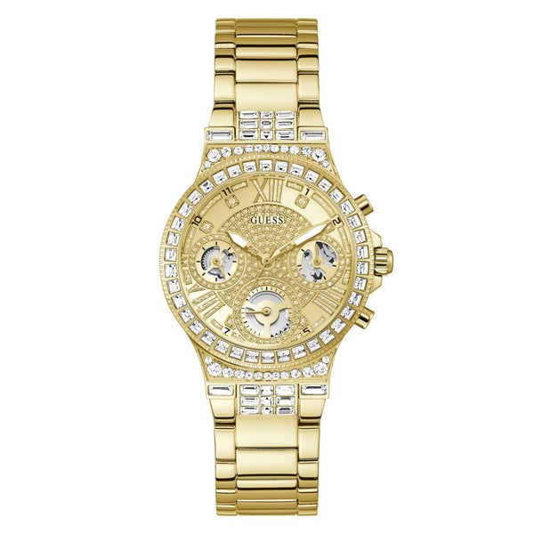 GUESS Gold Tone Multi-Function Stainless Steel Bracelet Champagne Dial Ladies Watch GW0320L2