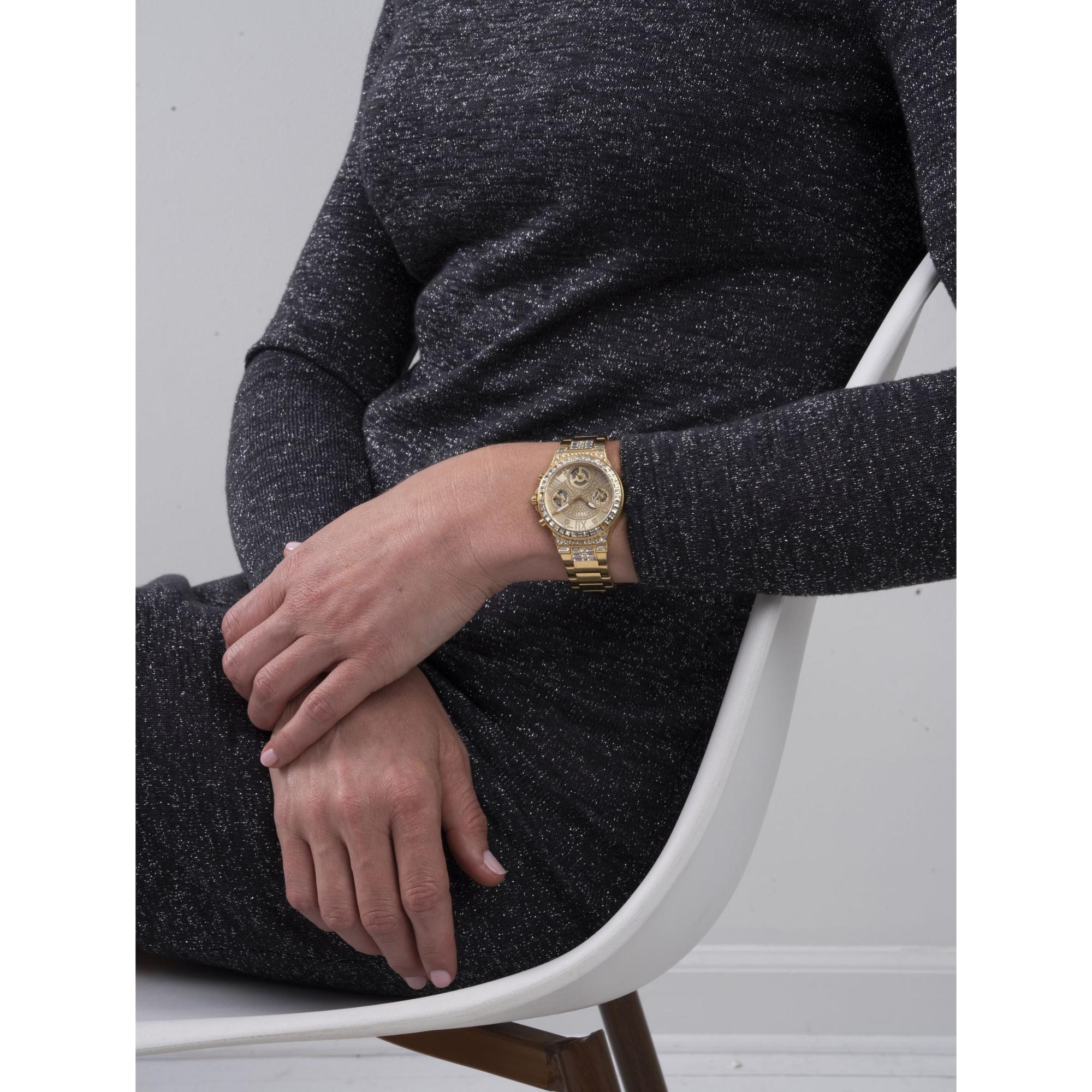 GUESS Gold Tone Multi-Function Stainless Steel Bracelet Champagne Dial Ladies Watch GW0320L2