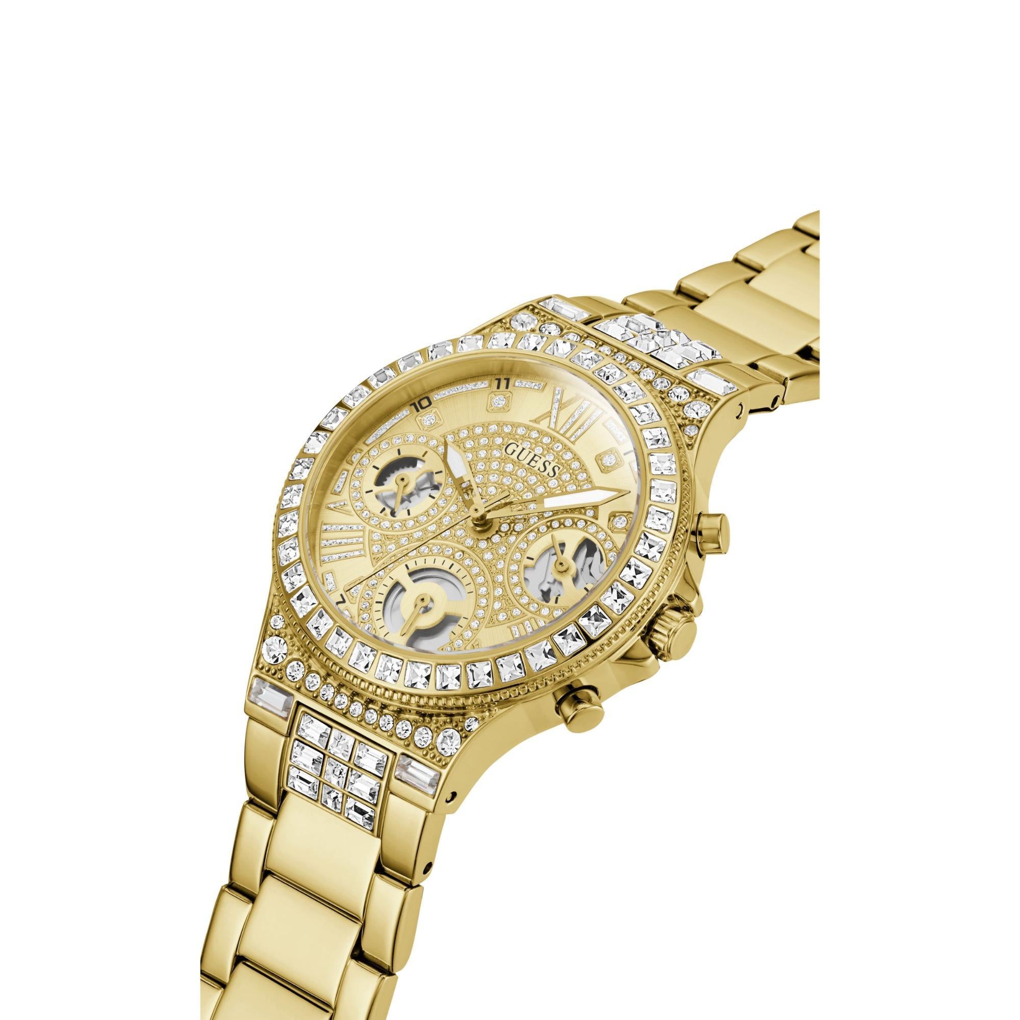 GUESS Gold Tone Multi-Function Stainless Steel Bracelet Champagne Dial Ladies Watch GW0320L2