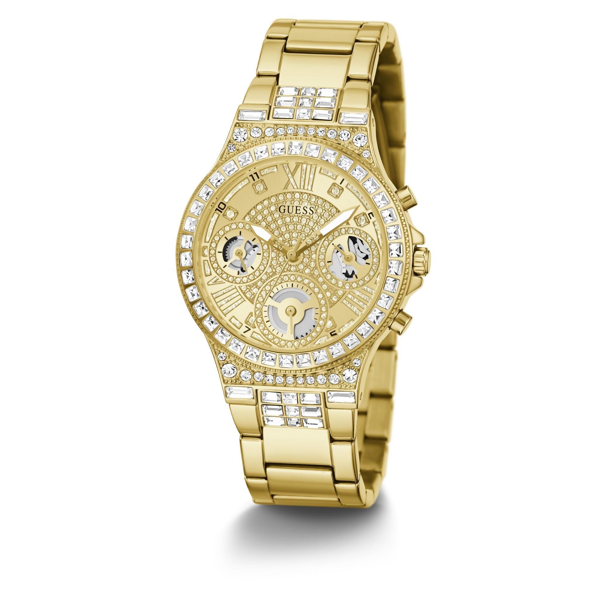 GUESS Gold Tone Multi-Function Stainless Steel Bracelet Champagne Dial Ladies Watch GW0320L2