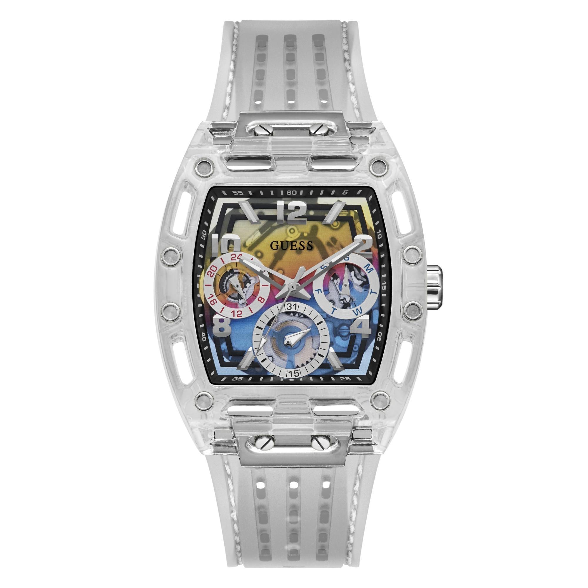 GUESS Men’s Clear Multi-Function Watch with Stainless Steel Strap GW0499G3