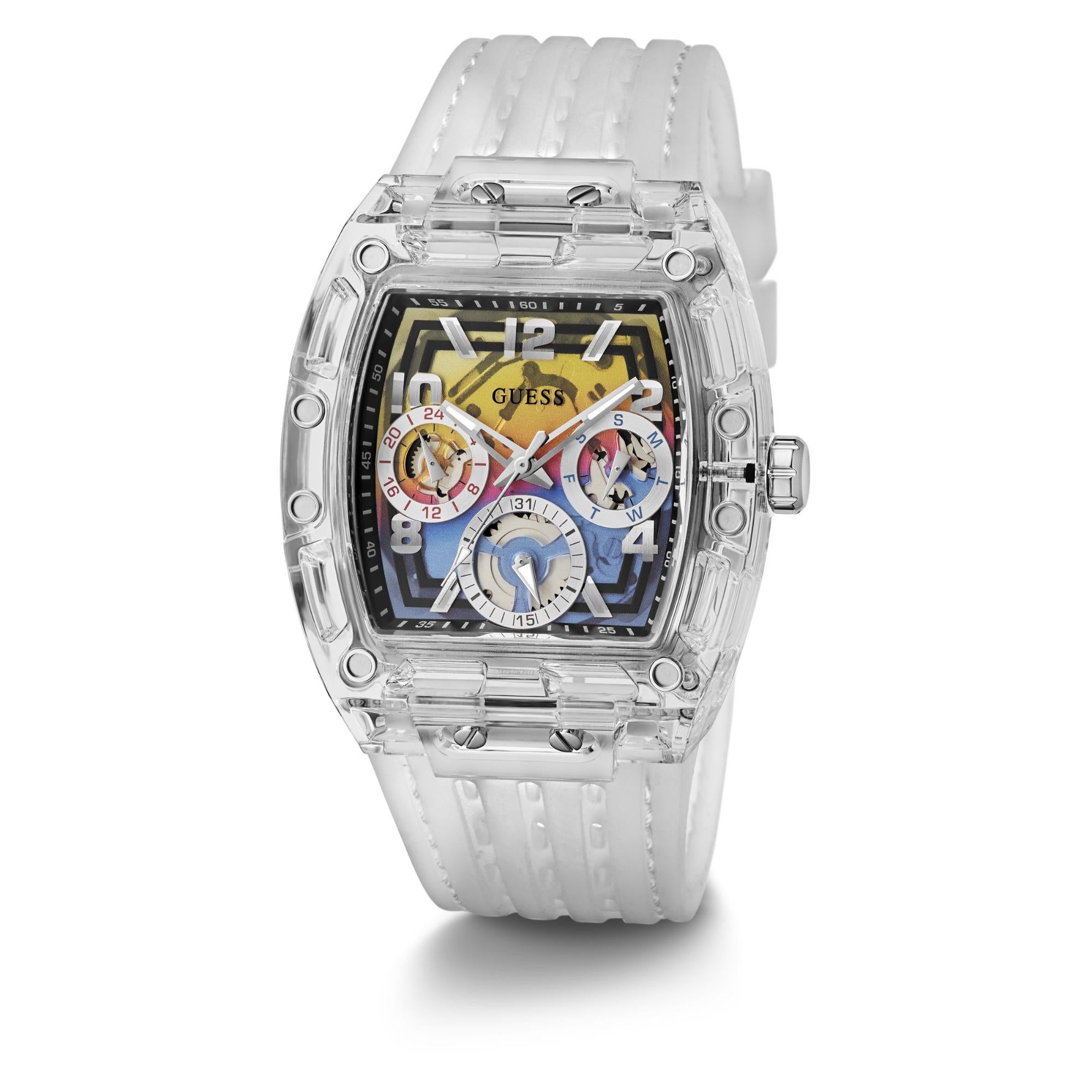 GUESS Men’s Clear Multi-Function Watch with Stainless Steel Strap GW0499G3