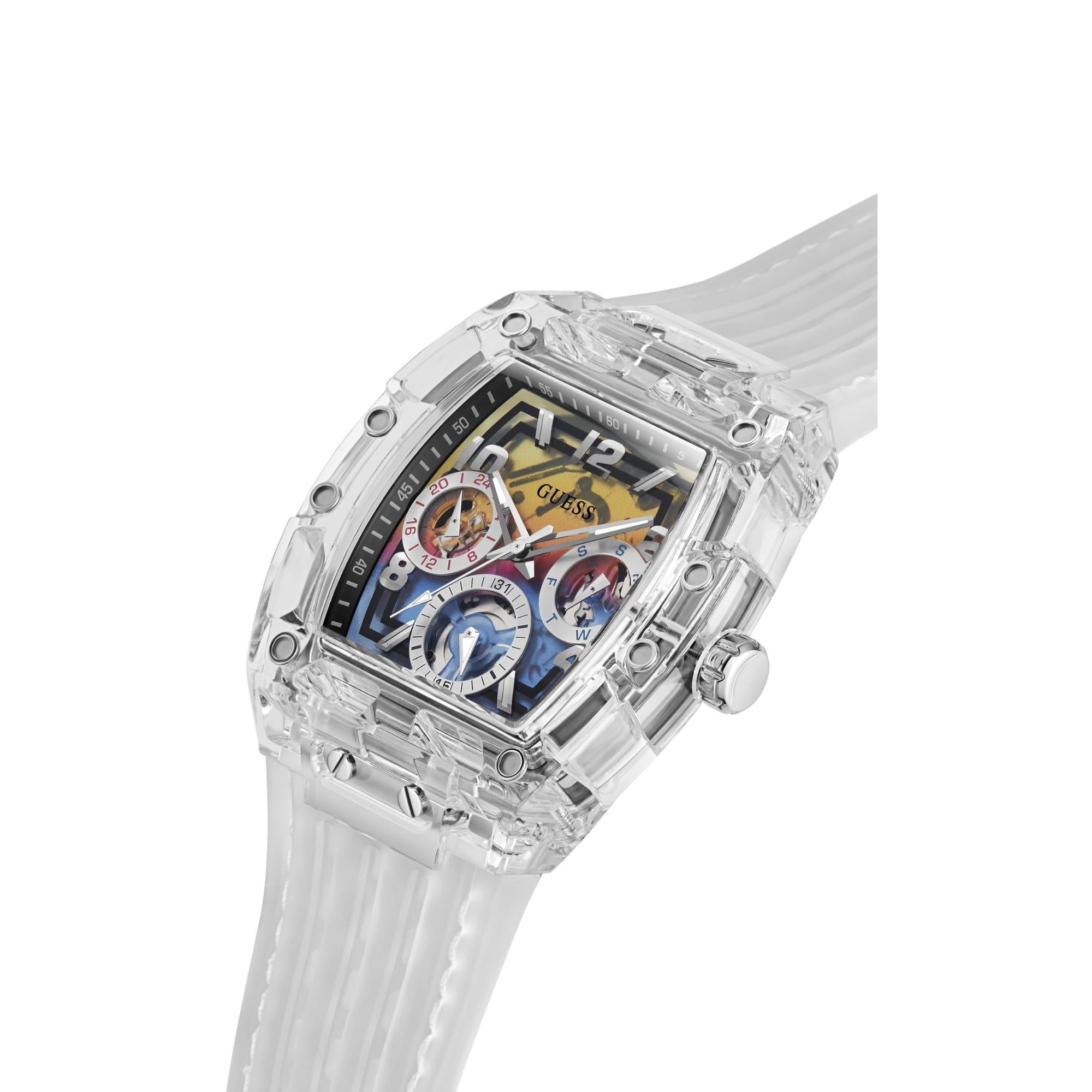 GUESS Men’s Clear Multi-Function Watch with Stainless Steel Strap GW0499G3