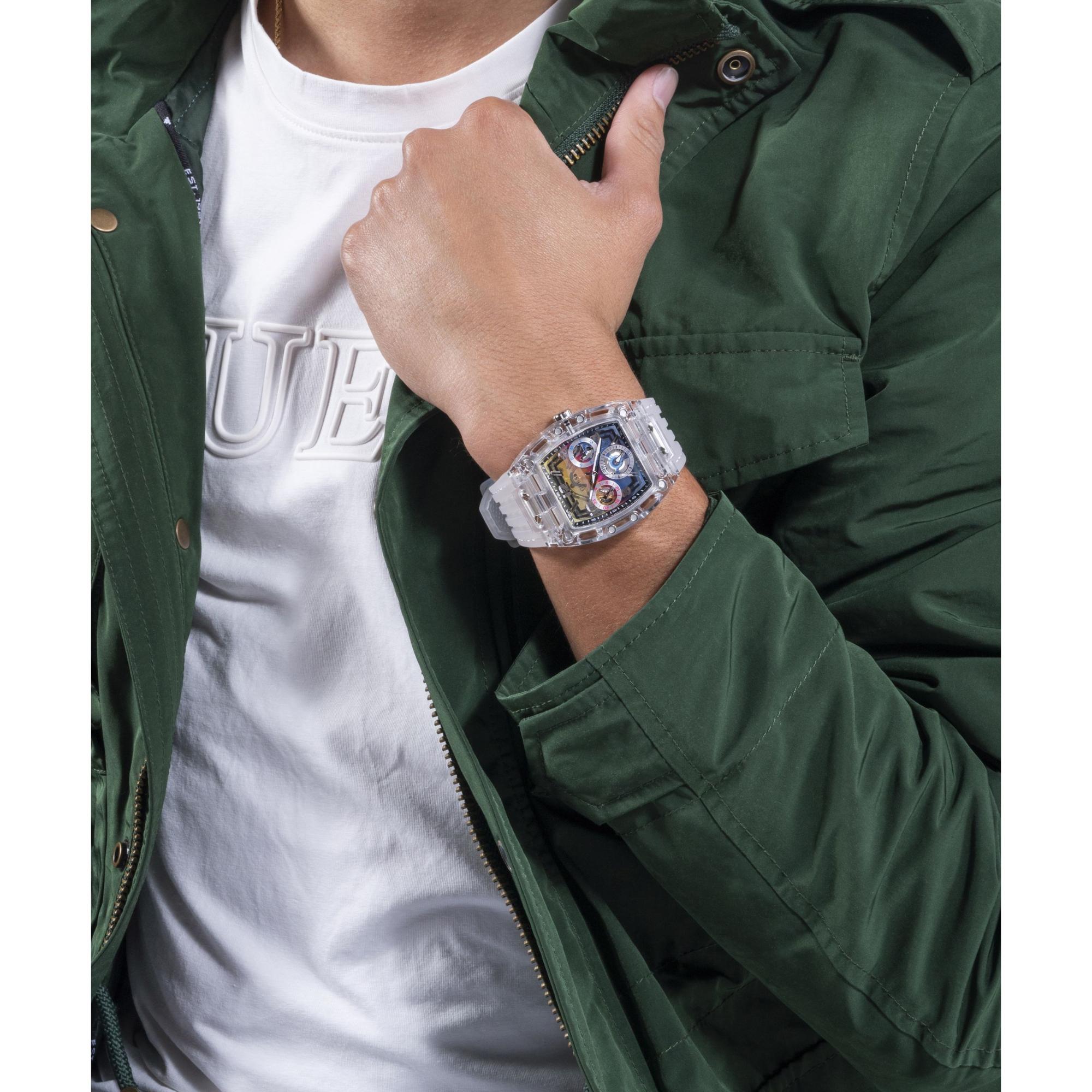 GUESS Men’s Clear Multi-Function Watch with Stainless Steel Strap GW0499G3