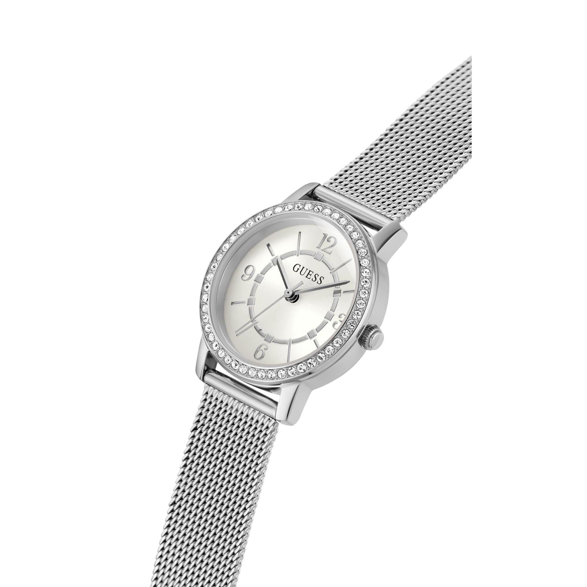 GUESS Ladies Silver Tone Analog White Dial Watch with Stainless Steel Strap GW0534L1