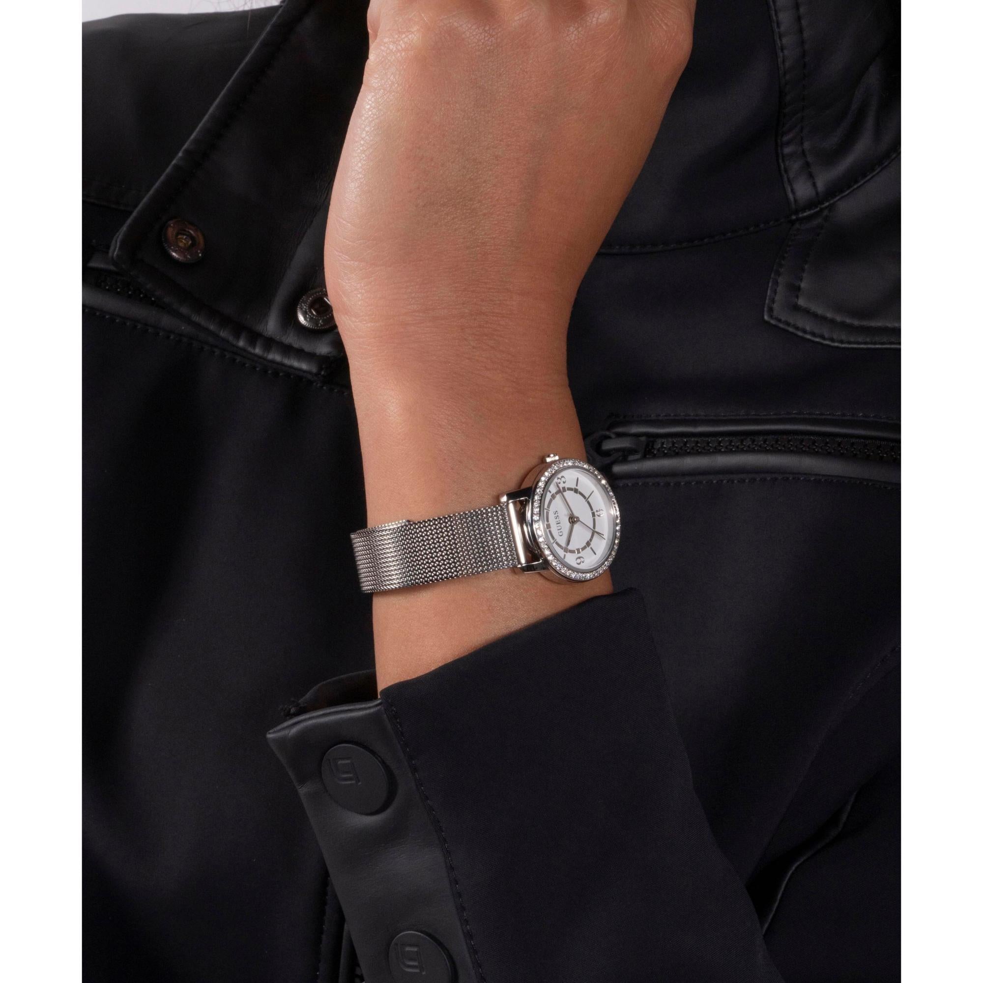 GUESS Ladies Silver Tone Analog White Dial Watch with Stainless Steel Strap GW0534L1