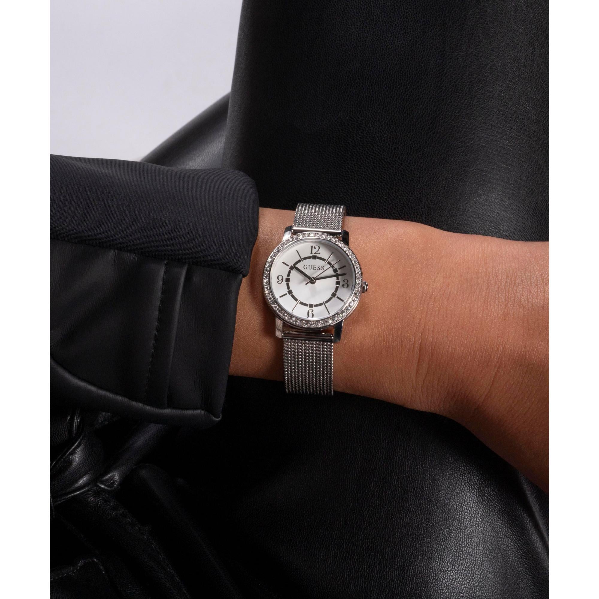 GUESS Ladies Silver Tone Analog White Dial Watch with Stainless Steel Strap GW0534L1