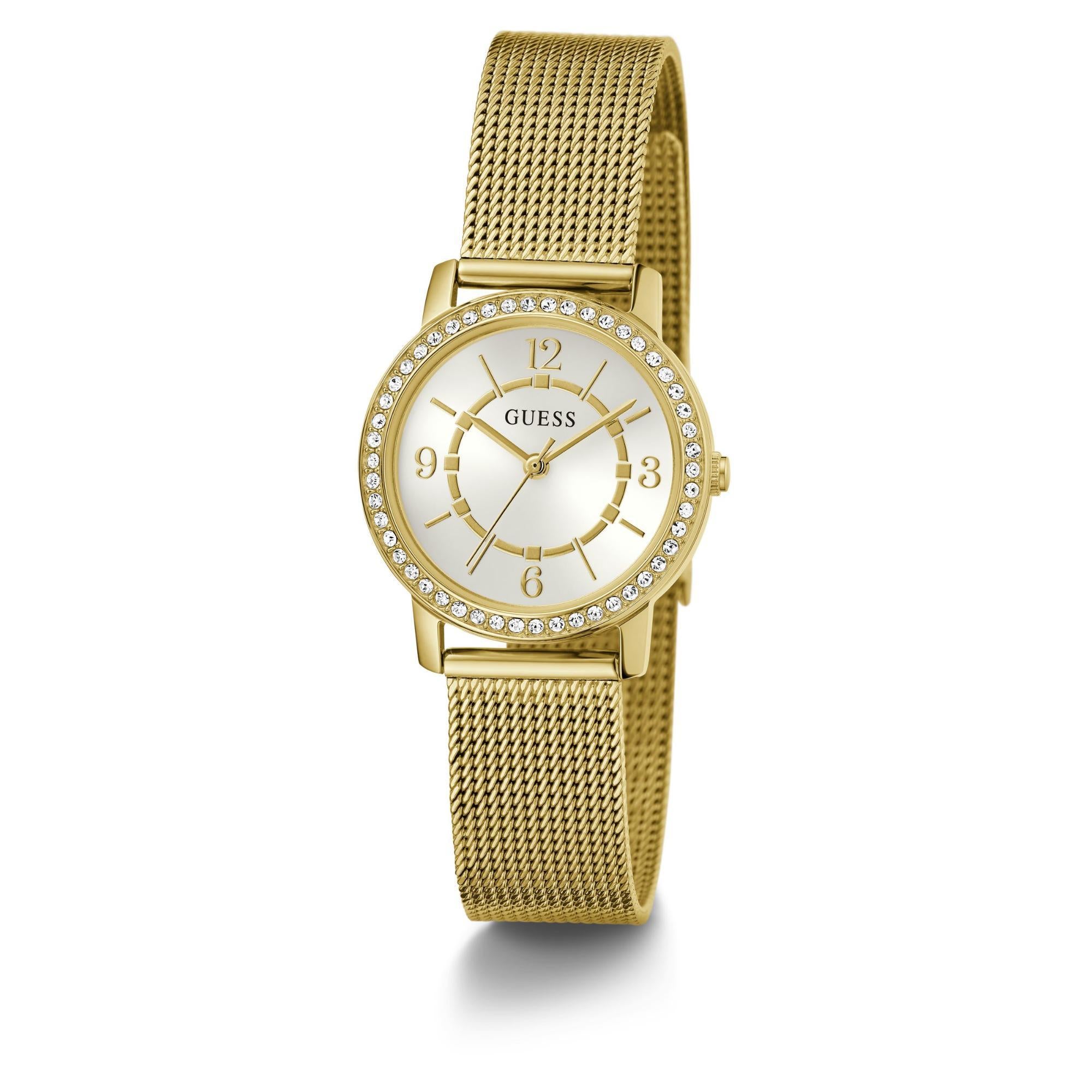 GUESS Gold Tone Analog White Dial Stainless Steel Strap Ladies Watch GW0534L2