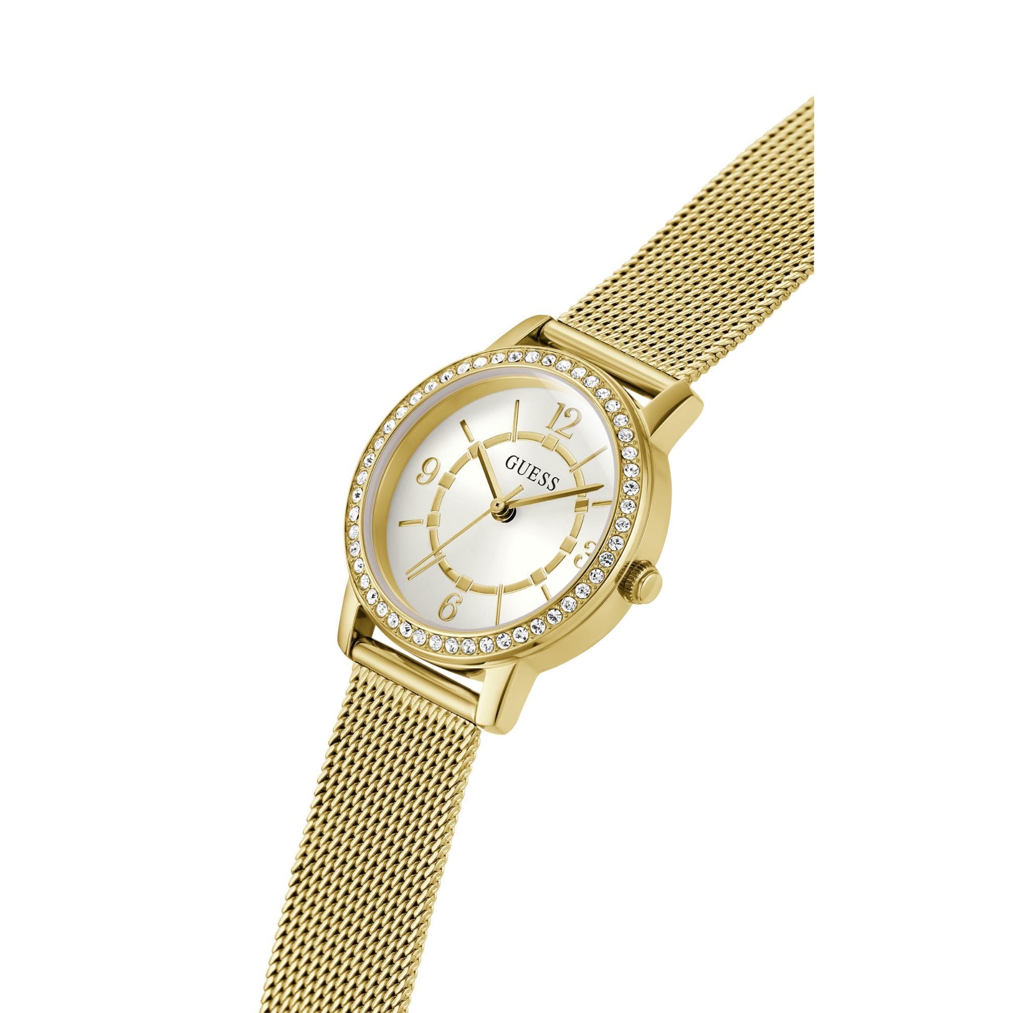 GUESS Gold Tone Analog White Dial Stainless Steel Strap Ladies Watch GW0534L2