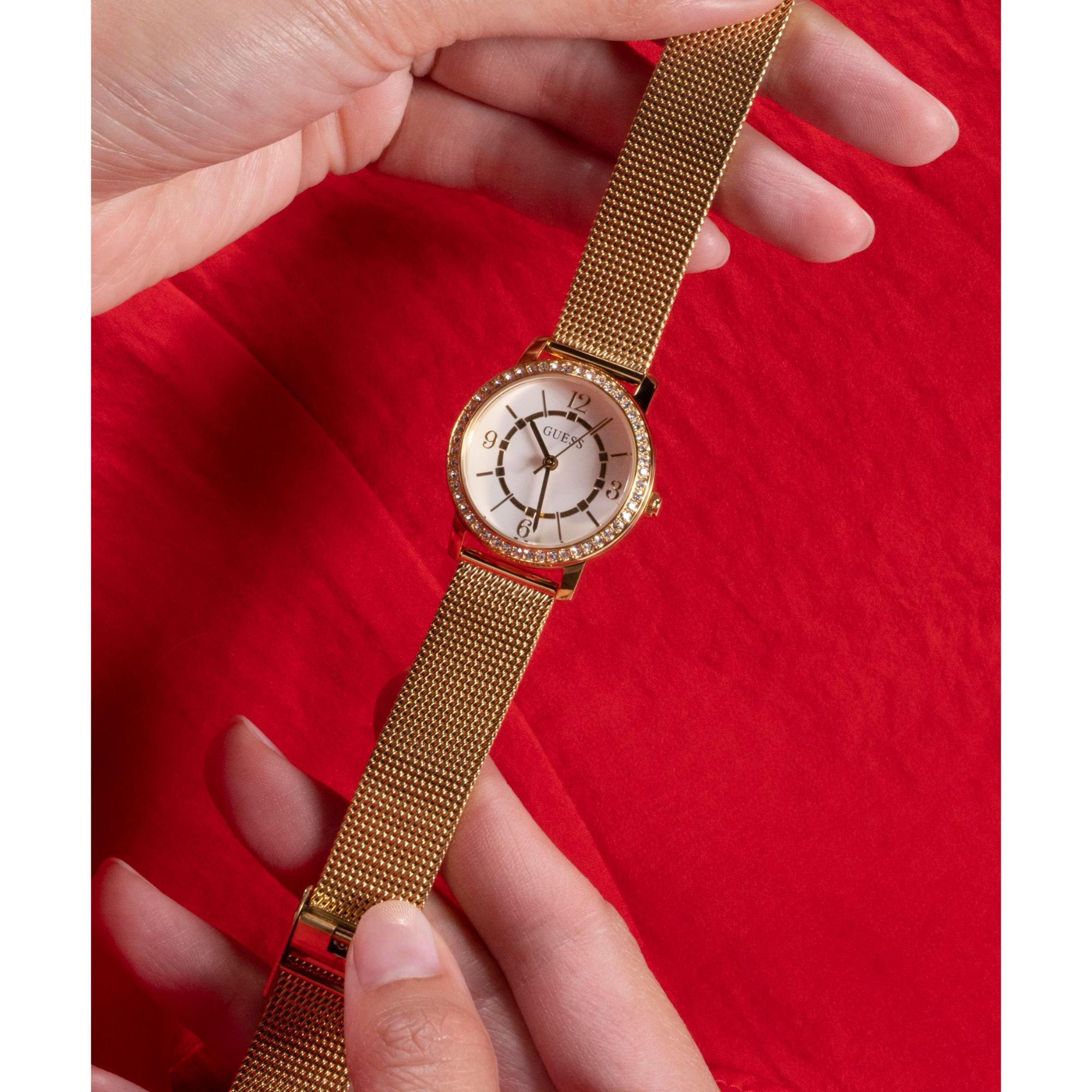 GUESS Gold Tone Analog White Dial Stainless Steel Strap Ladies Watch GW0534L2