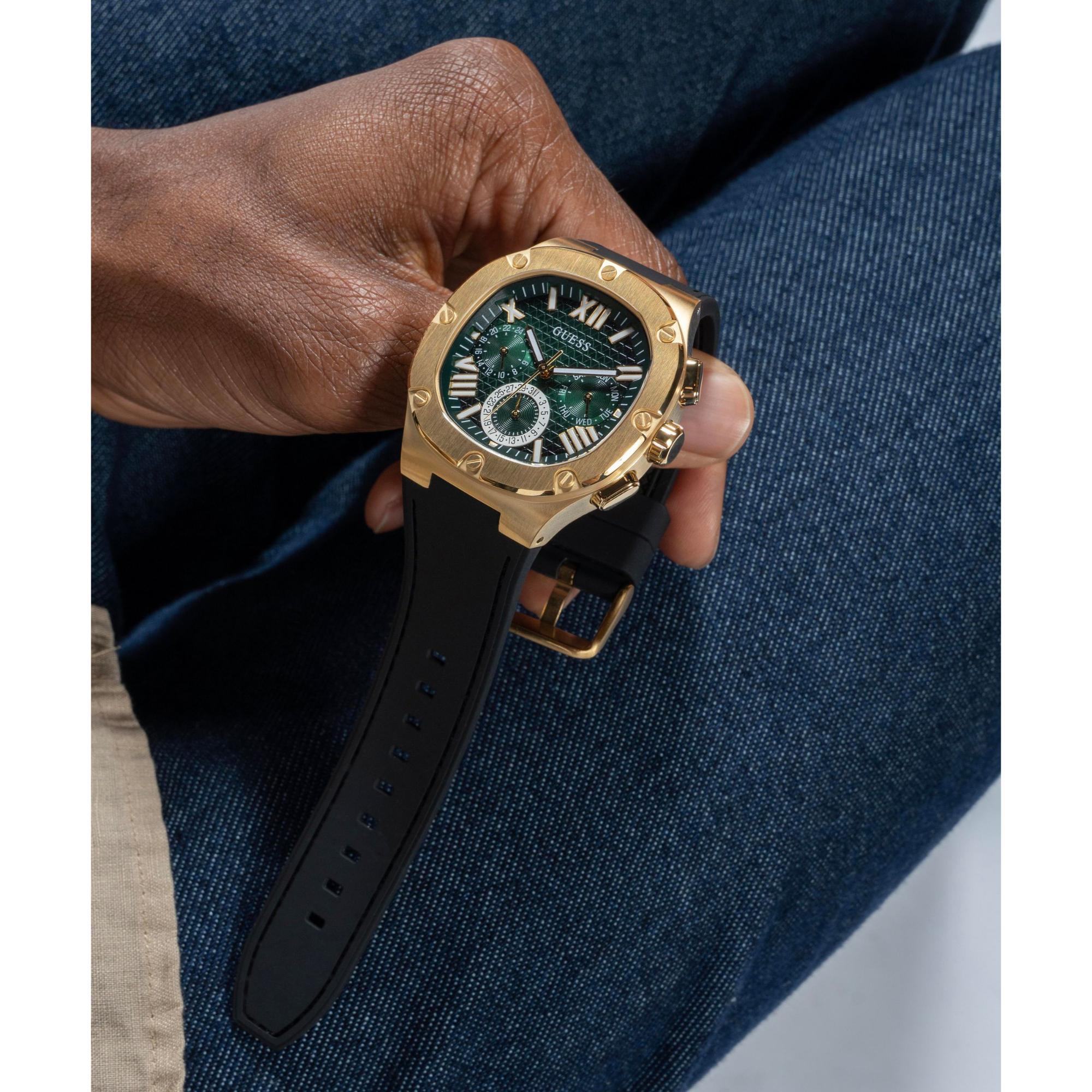 GUESS Black Gold Multi-Function Green Dial Silicone Strap Men’s Watch GW0571G3