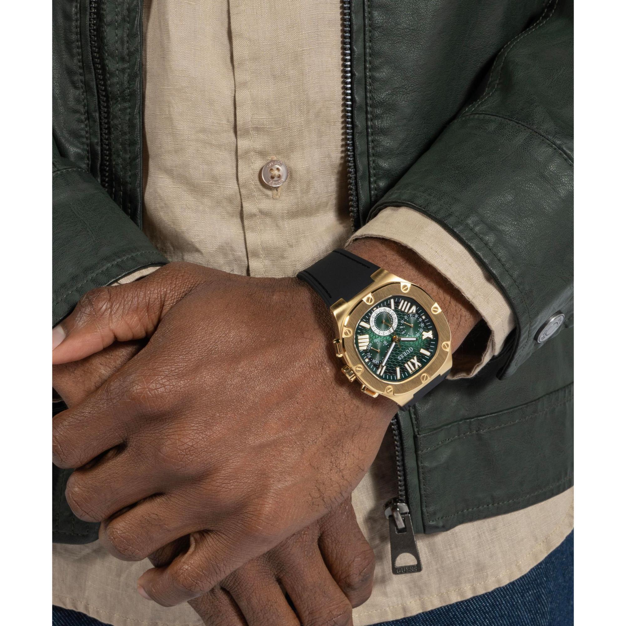 GUESS Black Gold Multi-Function Green Dial Silicone Strap Men’s Watch GW0571G3