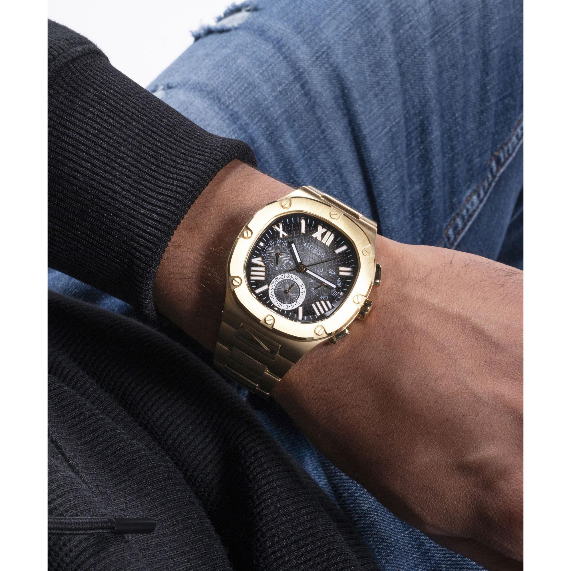 GUESS Gold Tone Multi-Function Black Dial Steel Strap Men's Watch GW0572G2