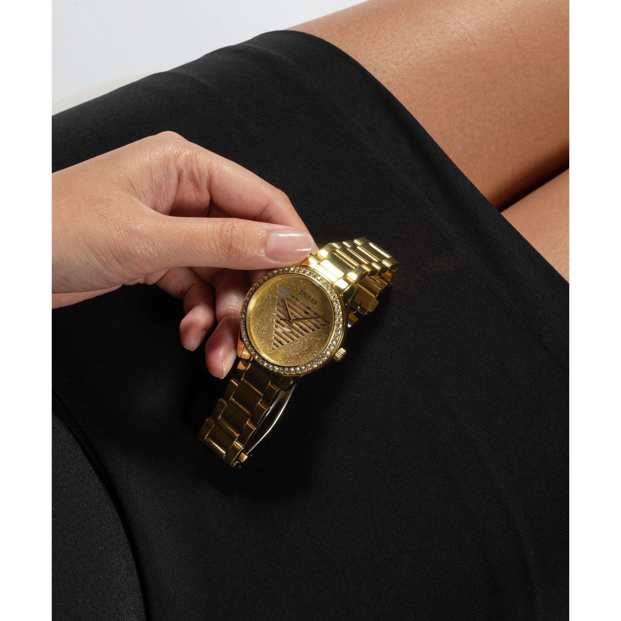 GUESS Gold Tone Analog Champagne Dial with Stainless Steel Strap Ladies Watch GW0605L2