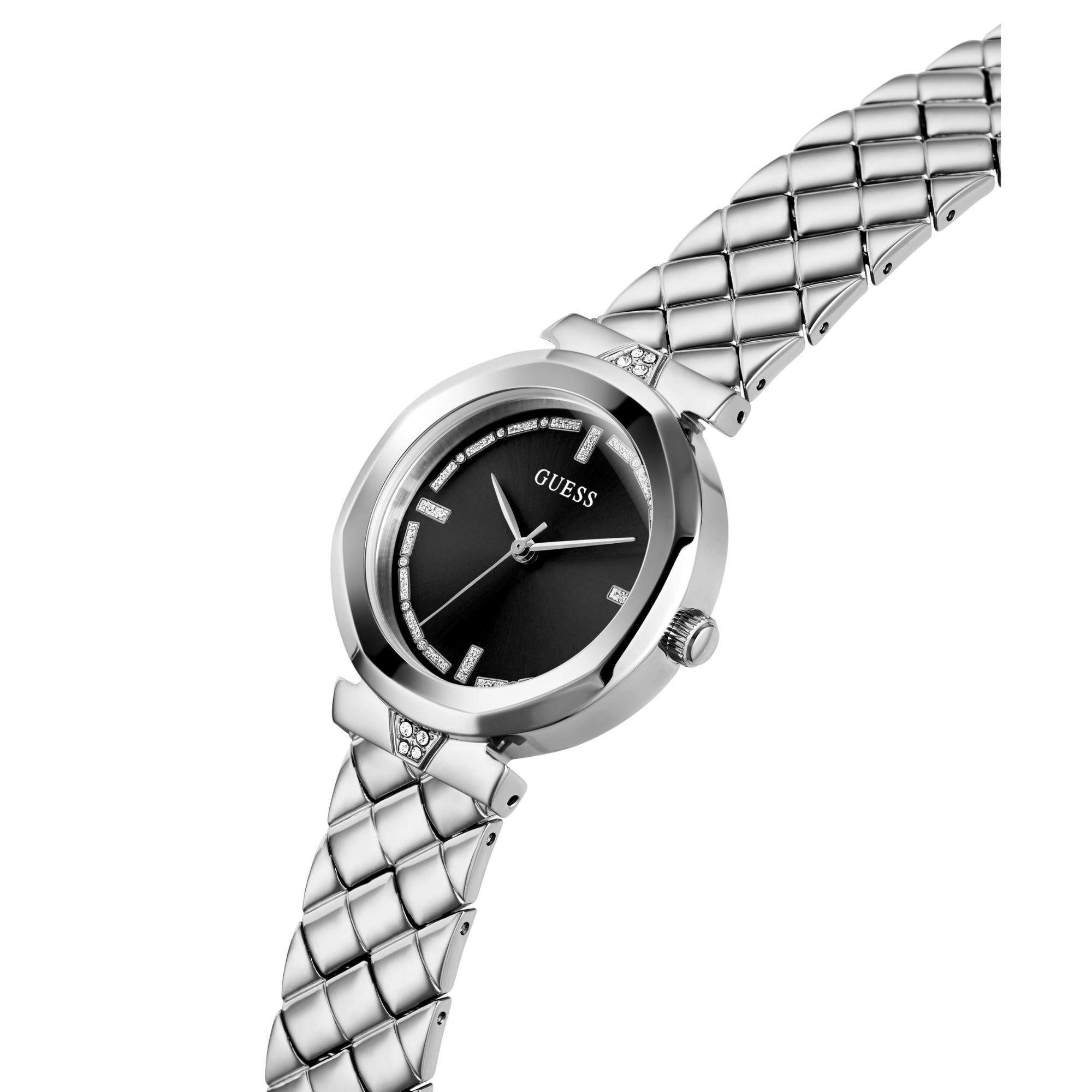 GUESS Silver-Tone Analog Black Dial with Sparkling Crystal Details Ladies Watch GW0613L1