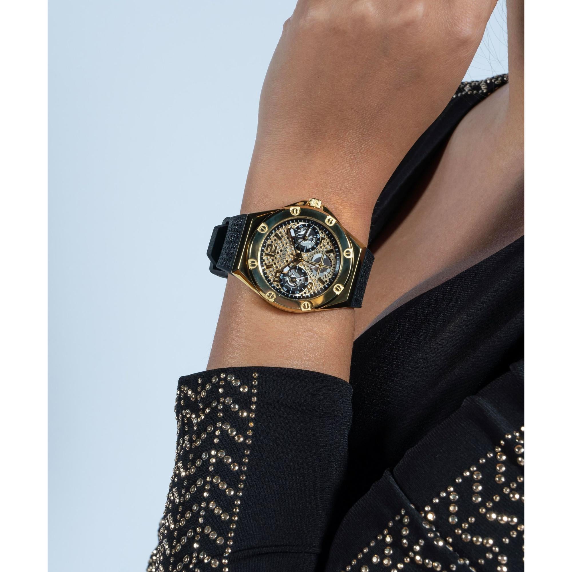 GUESS Asteria Gold Tone with Crystal-Embellished Dial Silicone Strap Ladies Watch GW0620L2