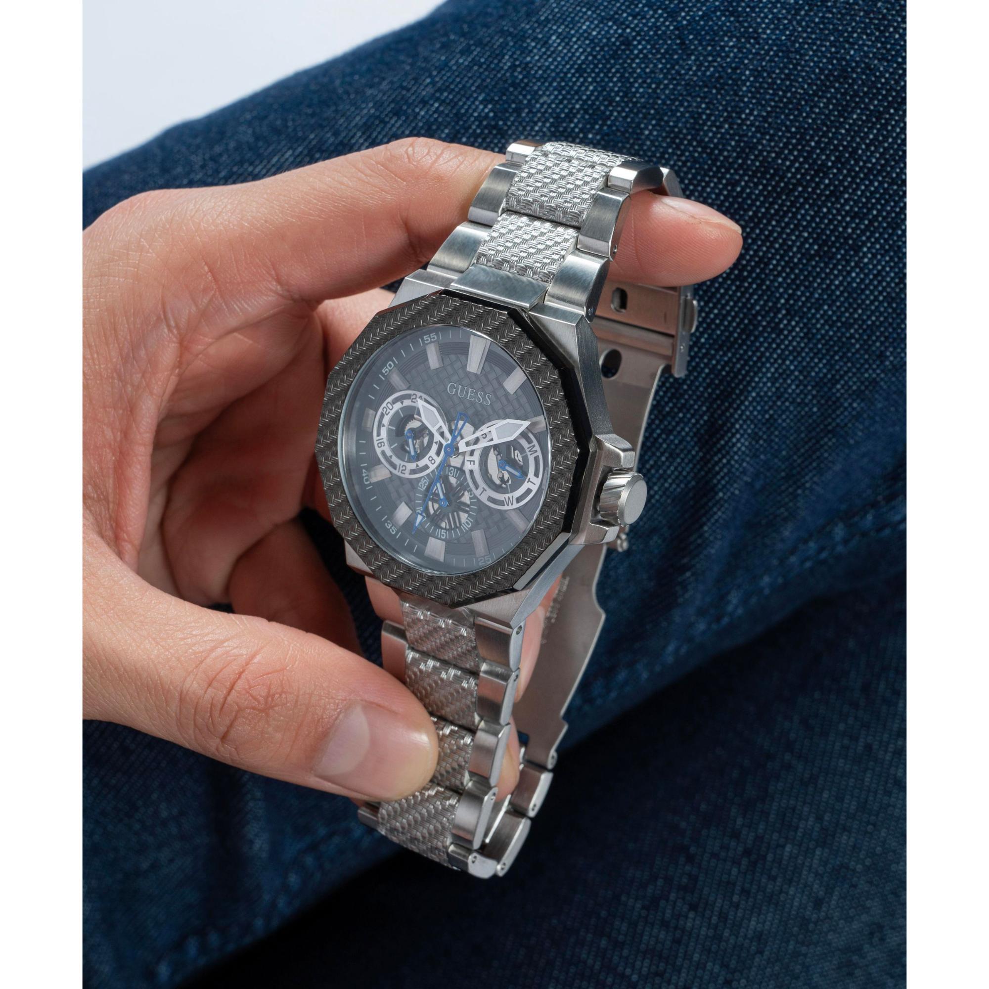 GUESS Silver-Tone Multi-Function Stainless Steel Grey Dial Men's Watch GW0636G1
