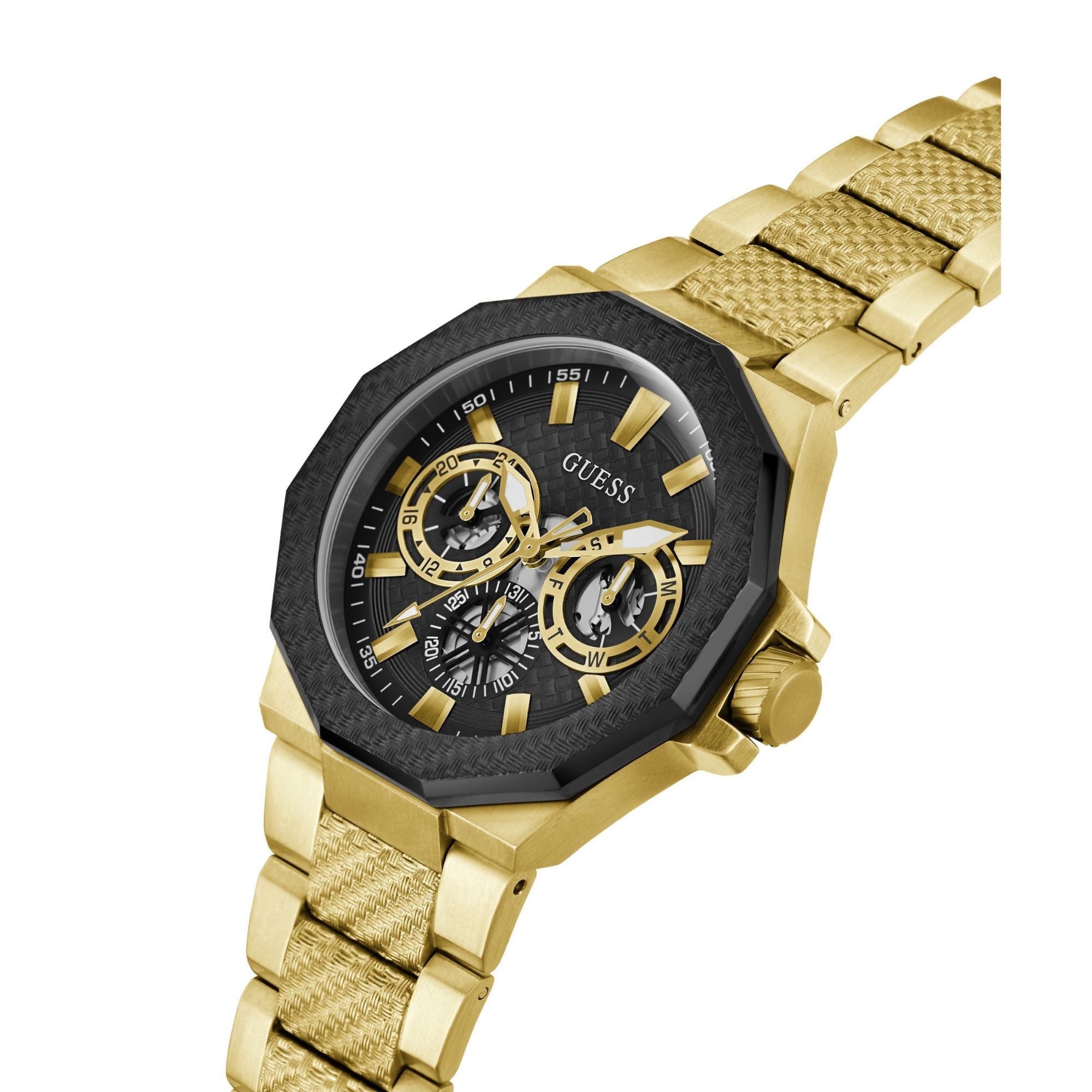 GUESS Gold 2-Tone Multi-Function Stainless Steel Black Dial Men's Watch GW0636G2