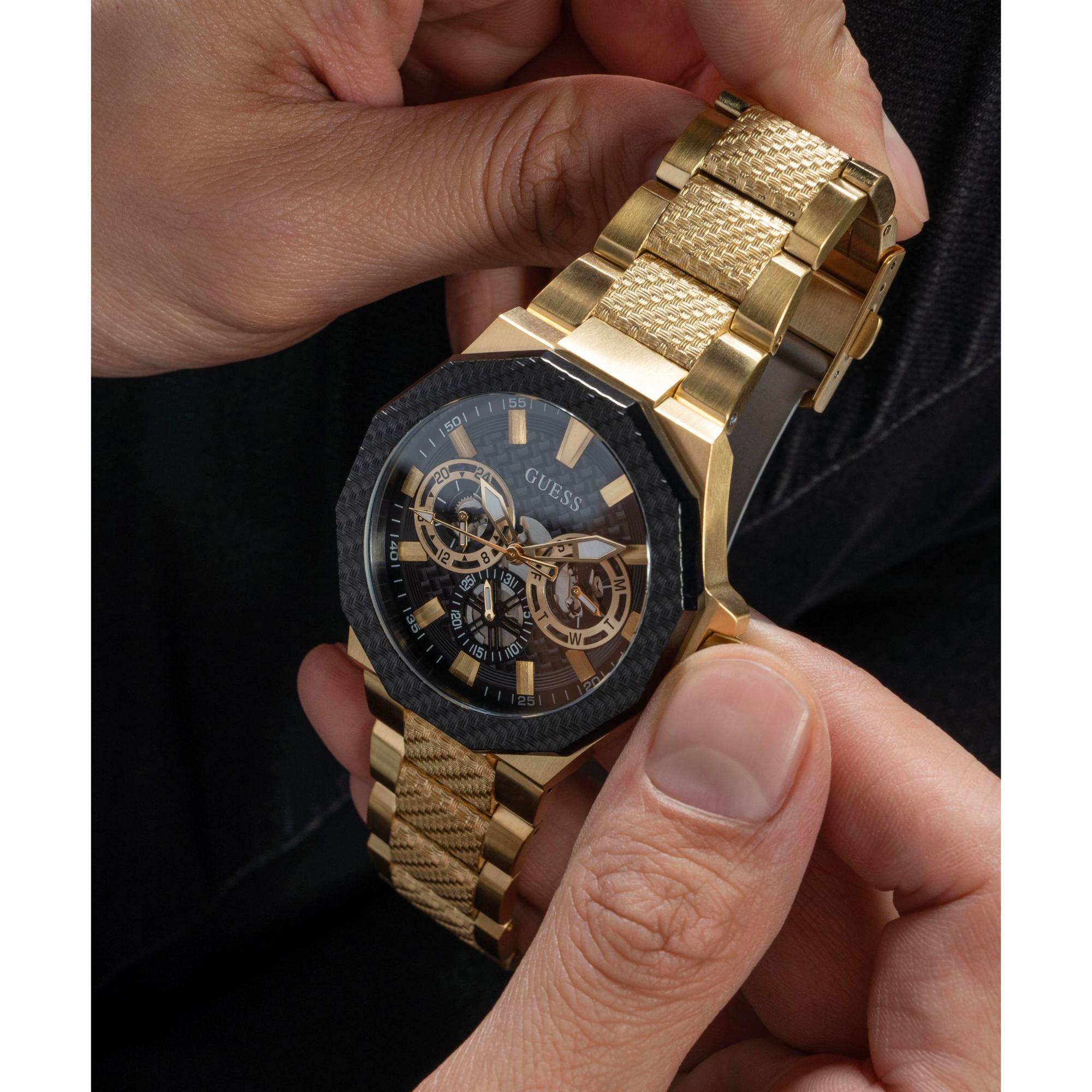 GUESS Gold 2-Tone Multi-Function Stainless Steel Black Dial Men's Watch GW0636G2