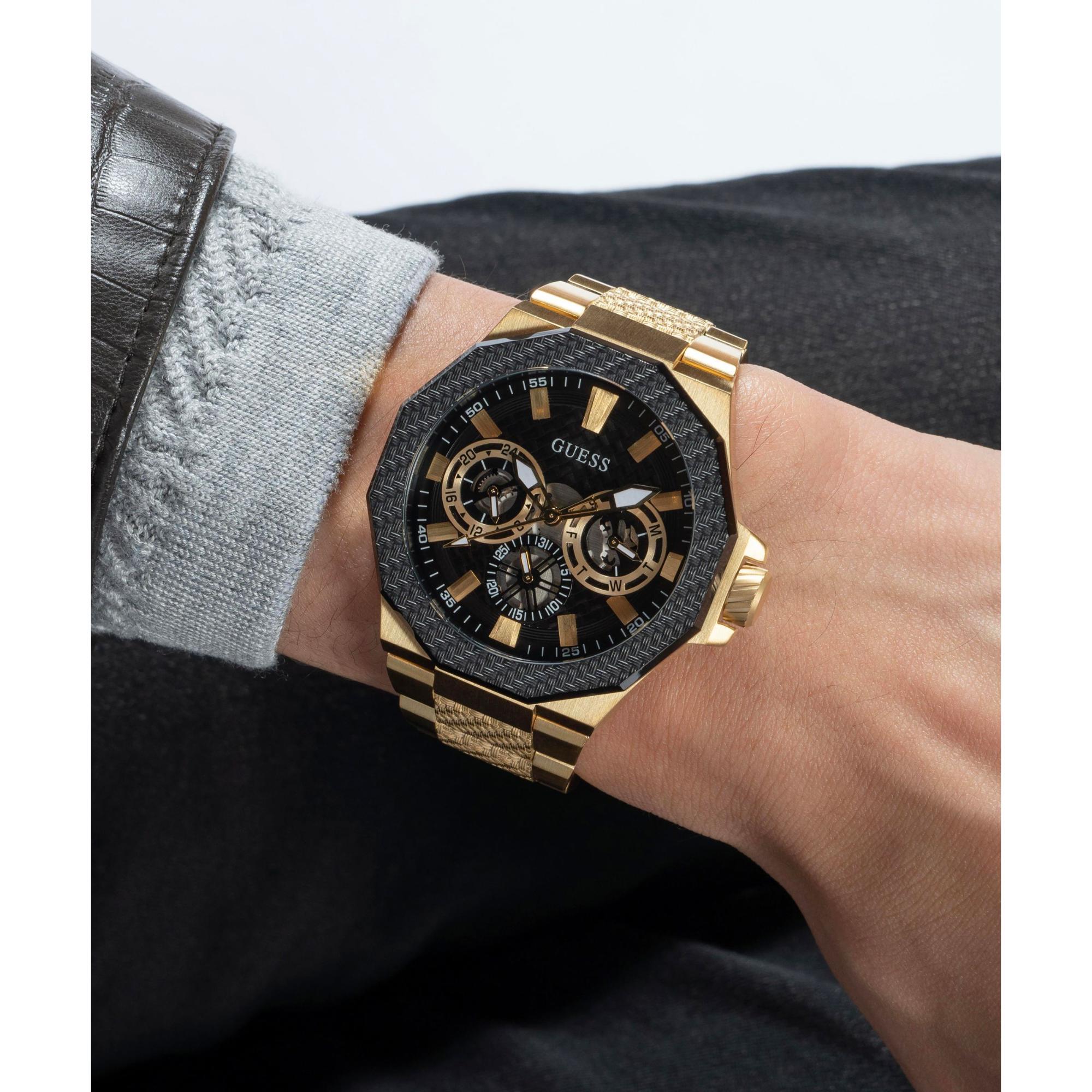 GUESS Gold 2-Tone Multi-Function Stainless Steel Black Dial Men's Watch GW0636G2