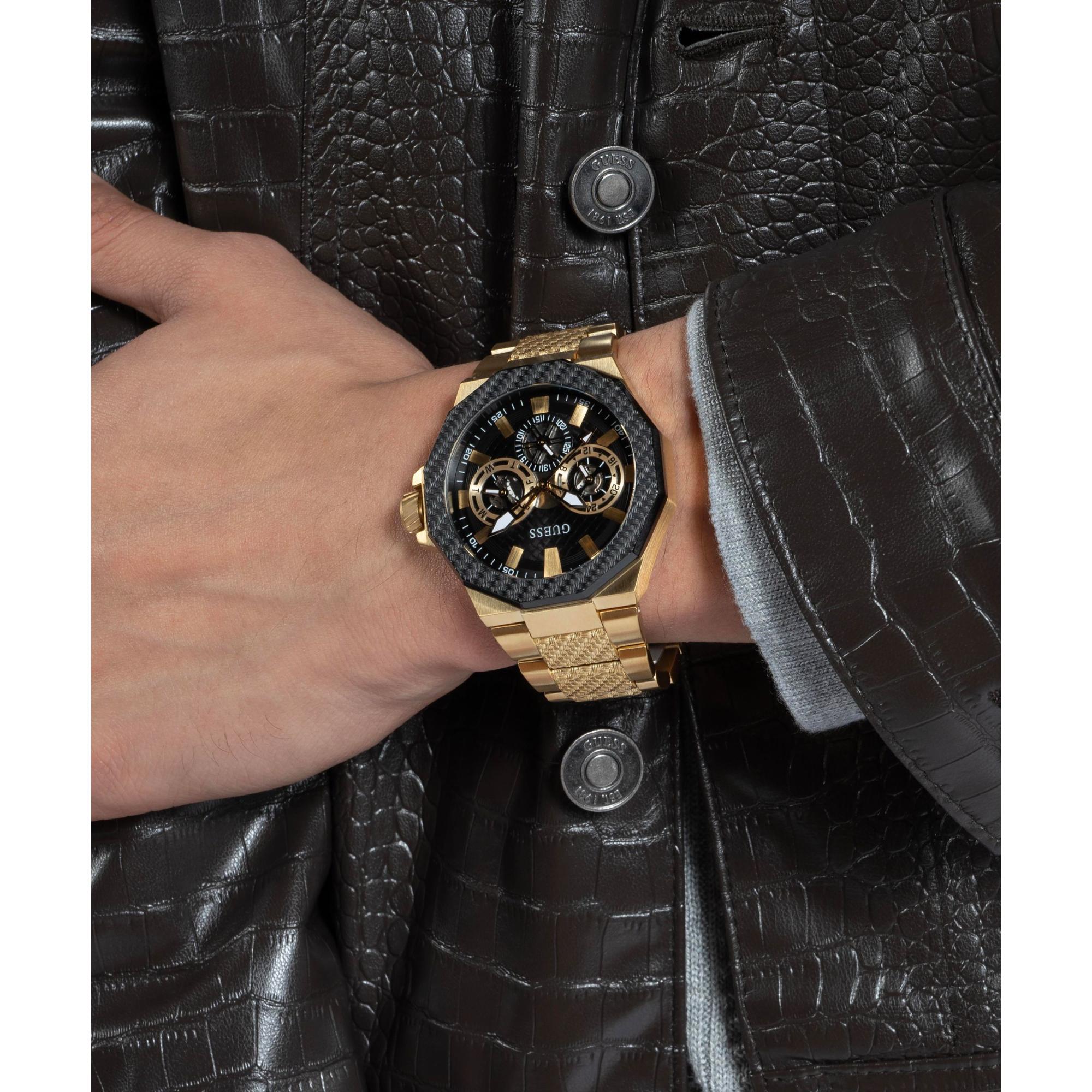 GUESS Gold 2-Tone Multi-Function Stainless Steel Black Dial Men's Watch GW0636G2