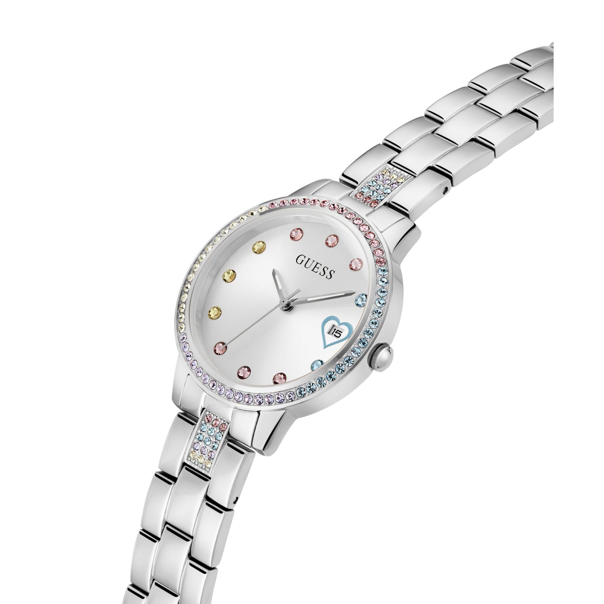 GUESS Silver Tone Date Stainless Steel Silver Dial Ladies Watch GW0657L1