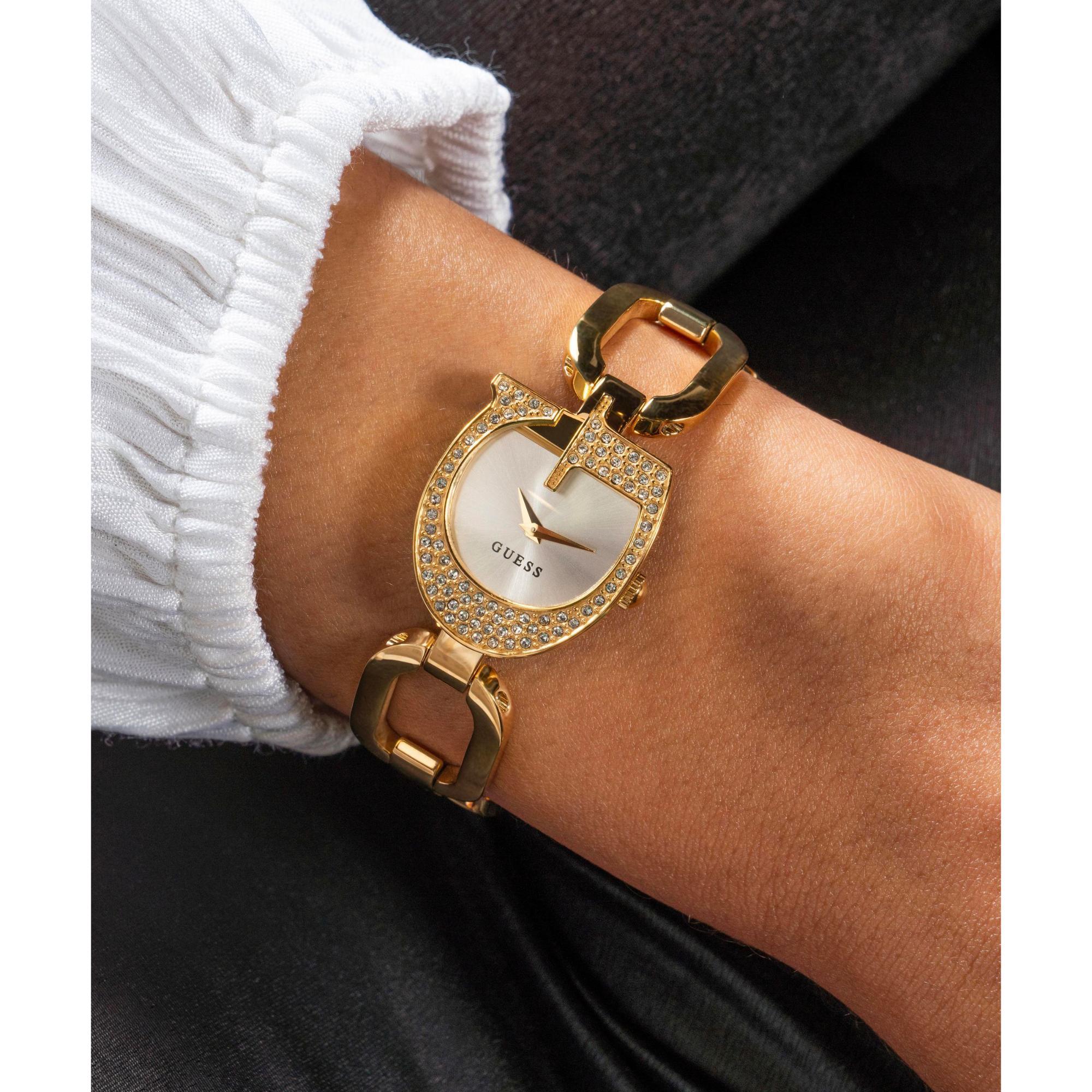 GUESS Gold Tone Analog Silver Dial with Crystal Accents Ladies Watch GW0683L2