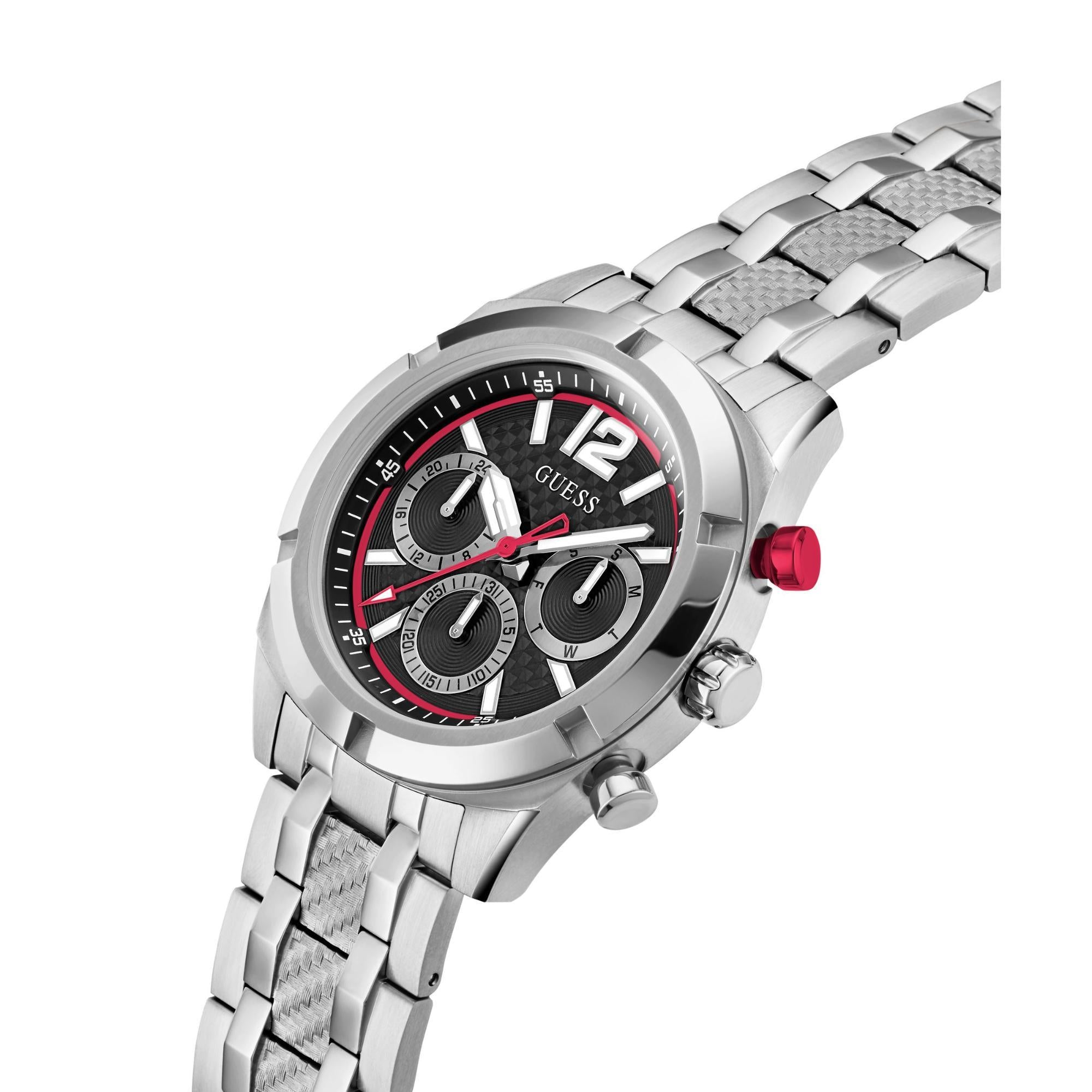 GUESS Silver Tone Multi-Function Black Dial Steel Strap Men's Watch GW0714G1