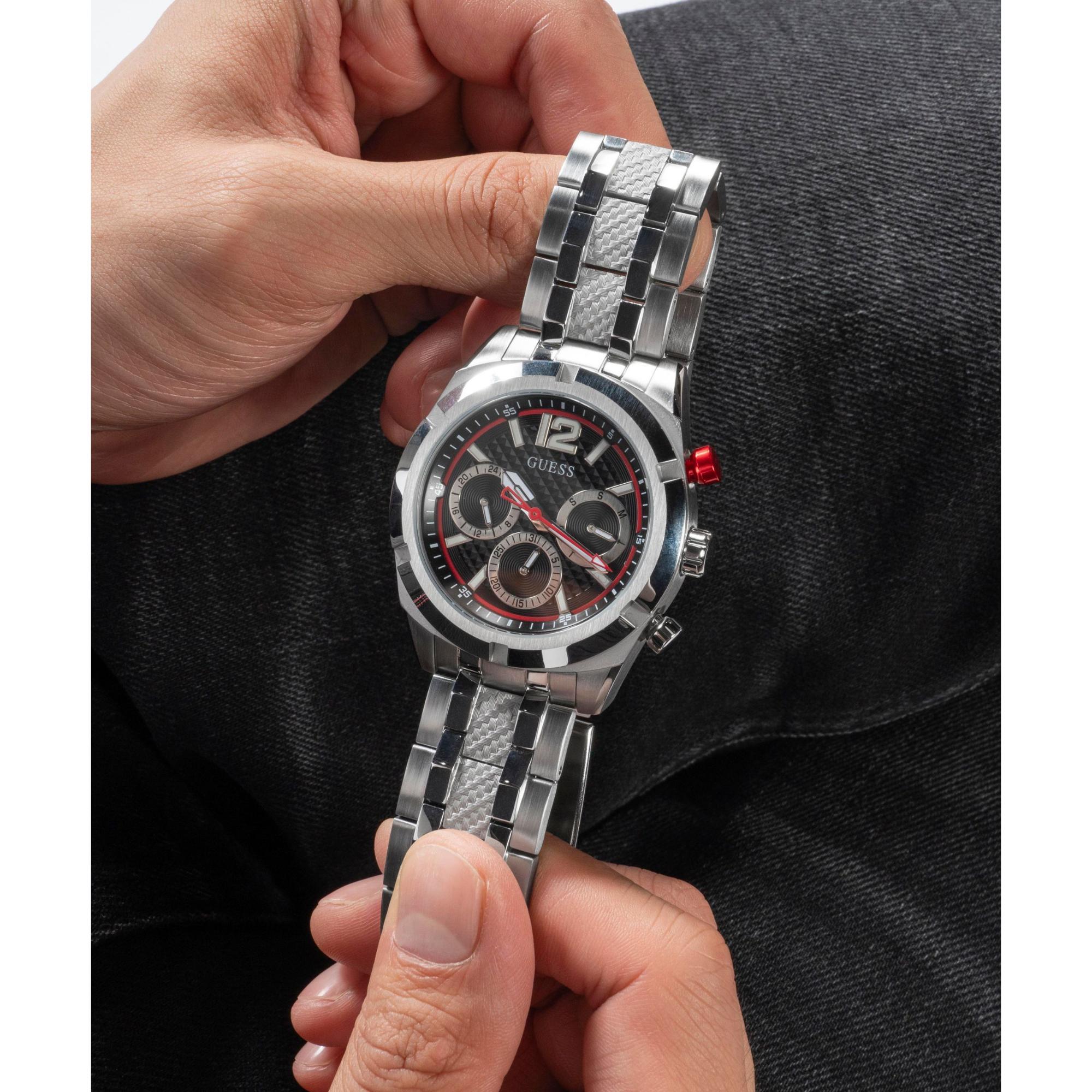 GUESS Silver Tone Multi-Function Black Dial Steel Strap Men's Watch GW0714G1