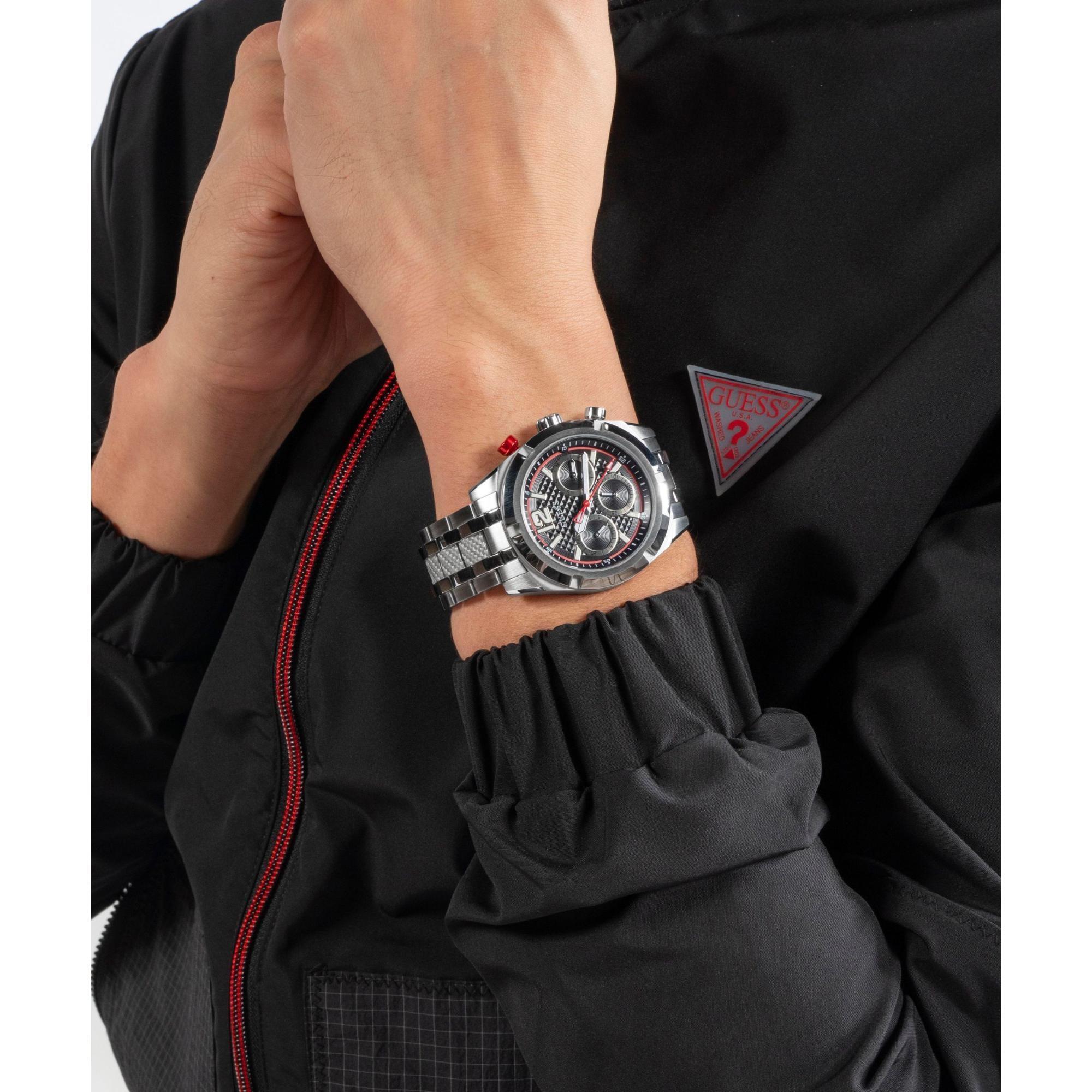 GUESS Silver Tone Multi-Function Black Dial Steel Strap Men's Watch GW0714G1