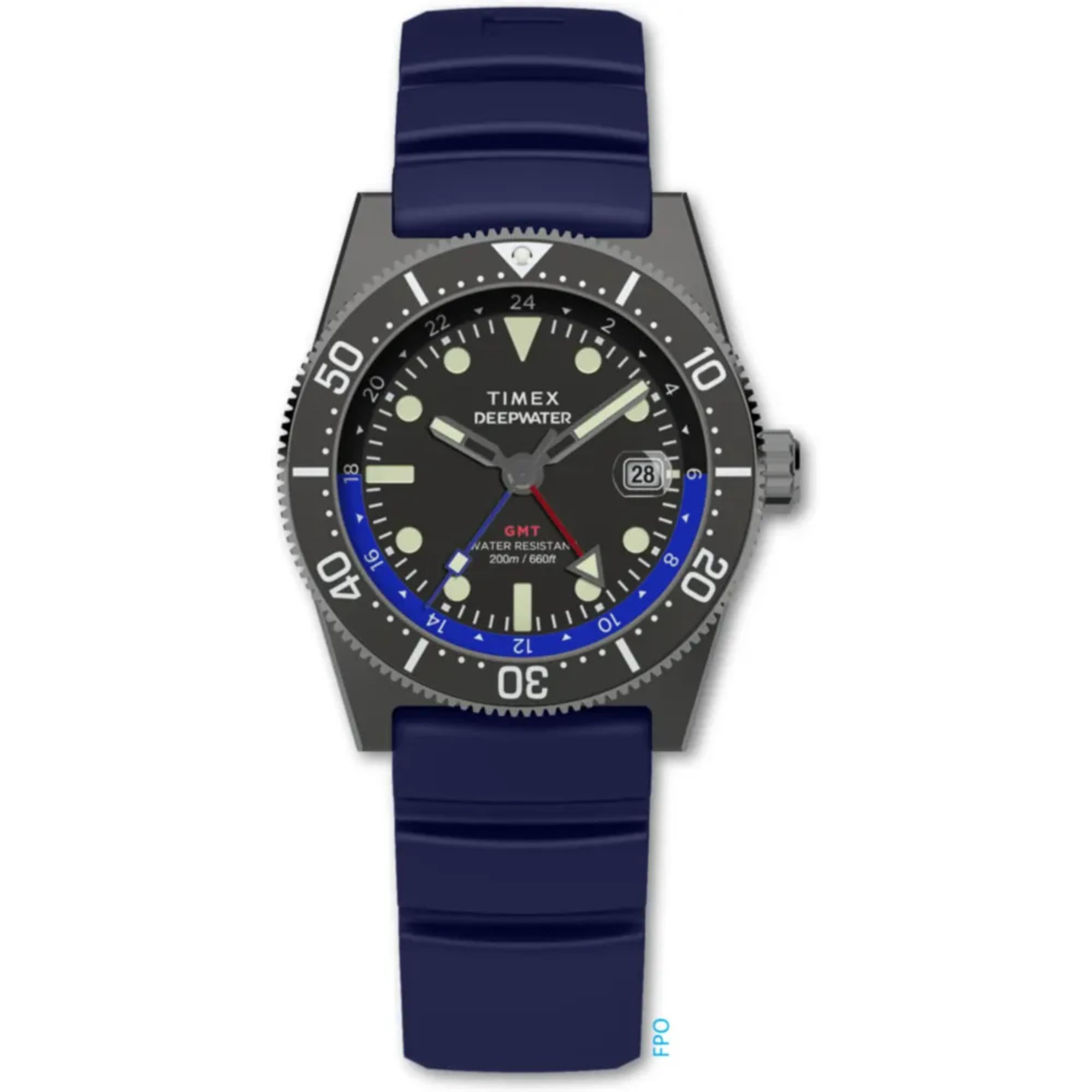 Timex Deep Water Reef 200 GMT Black Dial Blue Bezel Blue Rubber Strap Men’s Watch TW2W75100