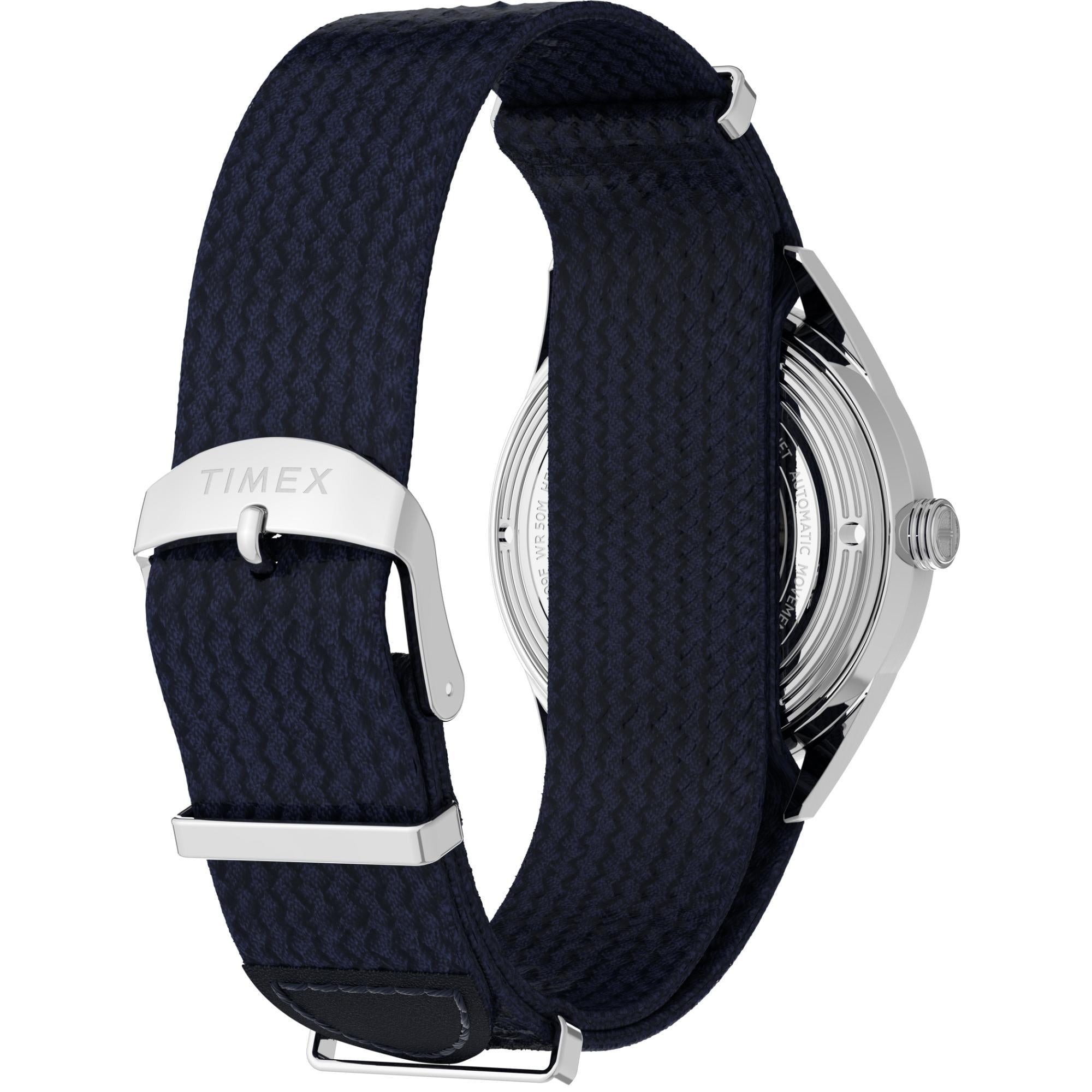 Timex Marlin Jet Automatic Stainless Steel Case Silver White Dial Navy Woven Fabric Strap Men’s Watch TW2V72300