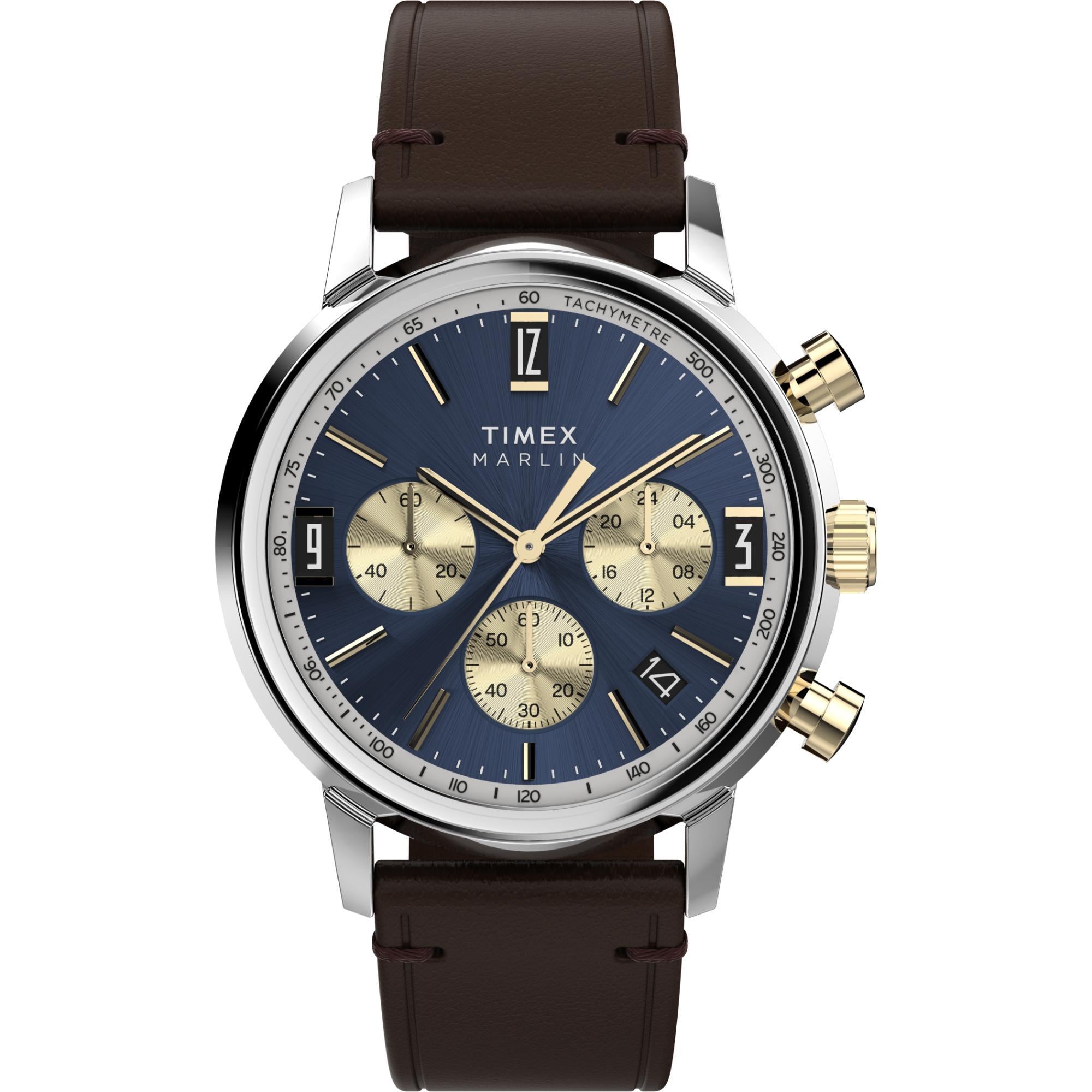 Timex Marlin Quartz Chronograph Two-Tone Case Blue Dial Brown Leather Strap Men’s Watch TW2W60400