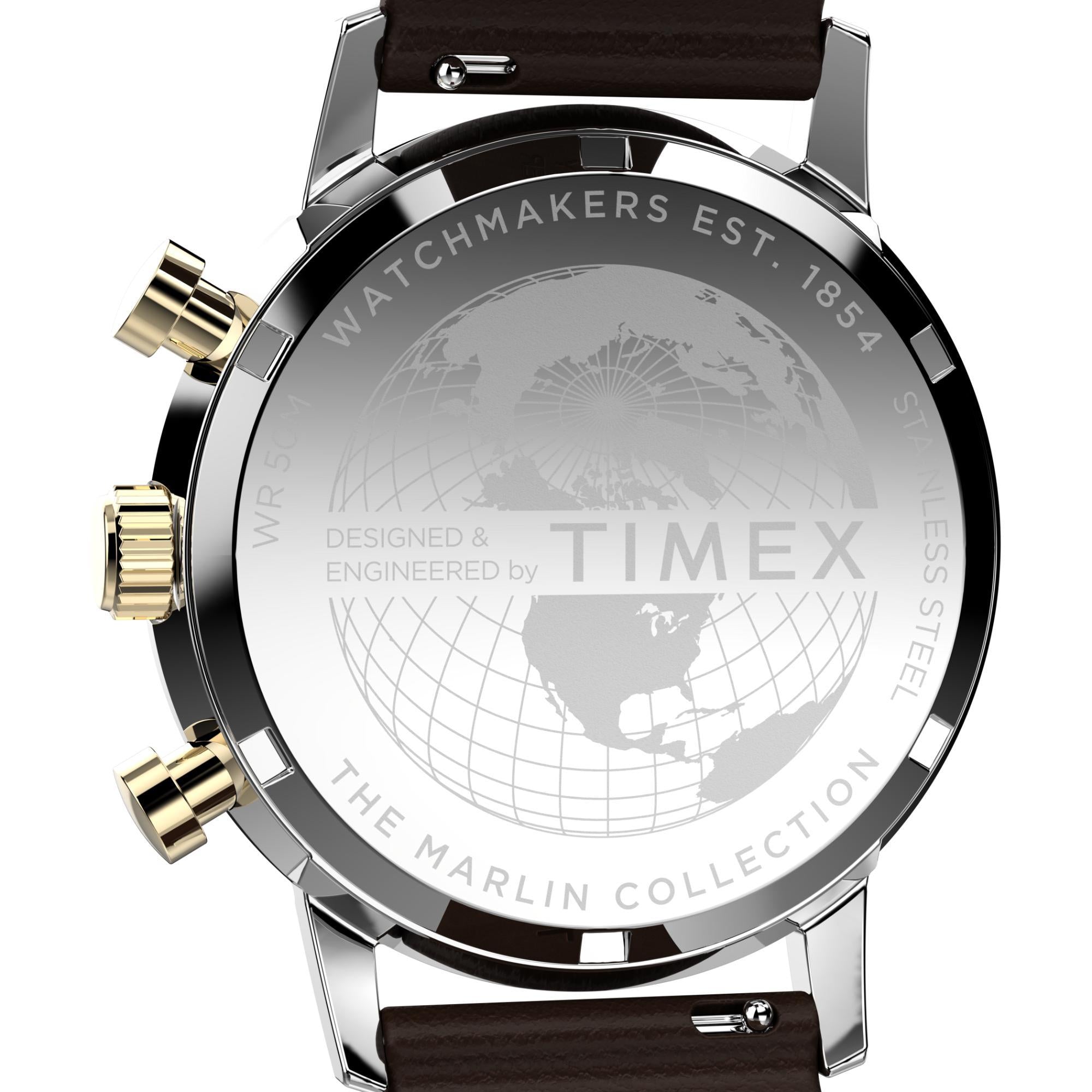 Timex Marlin Quartz Chronograph Two-Tone Case Blue Dial Brown Leather Strap Men’s Watch TW2W60400